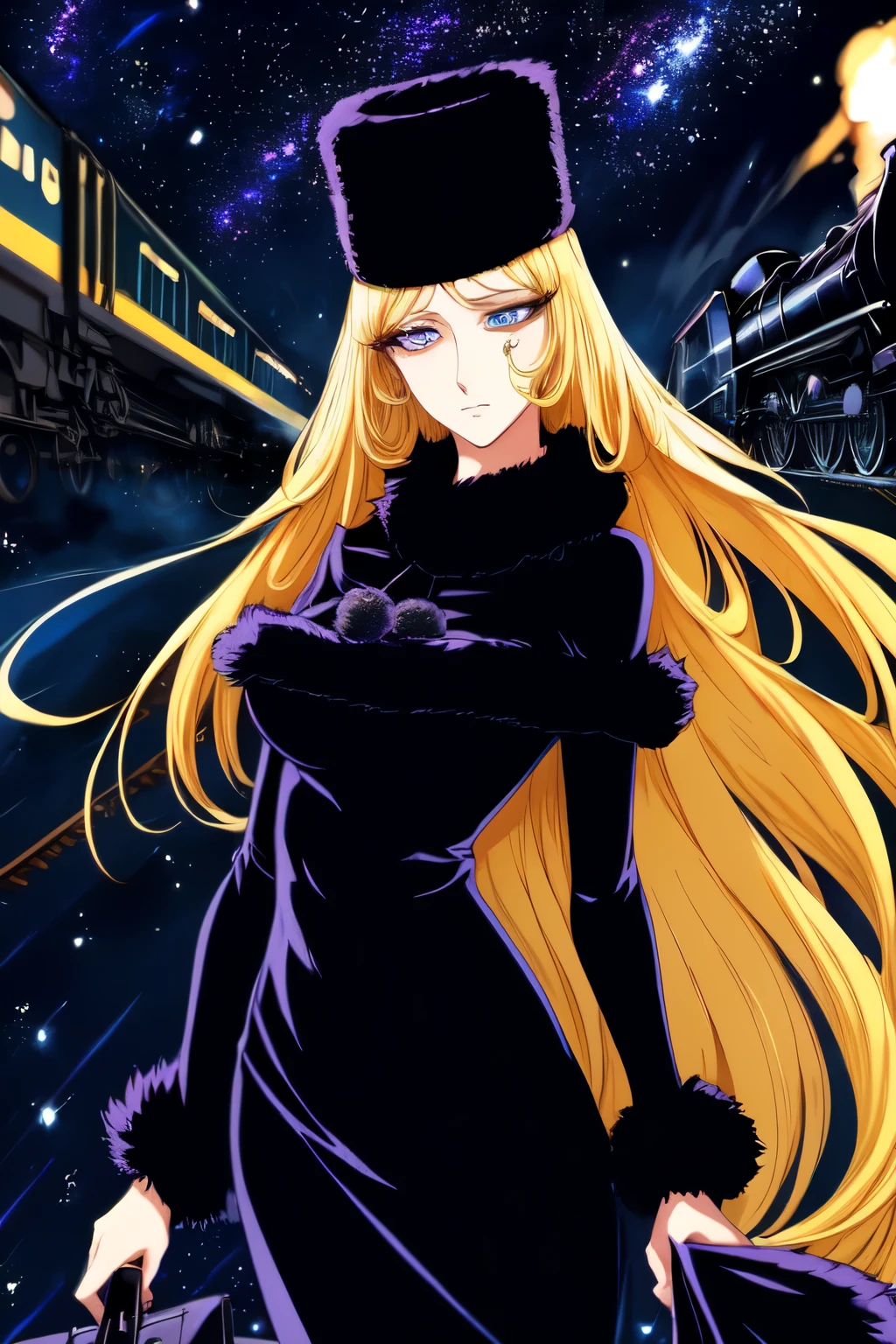 best quality, super fine, 16k, RAW photo, photorealistic, incredibly absurdres, extremely detailed, delicate, flashy and dynamic depiction, Galaxy Express 999, maetel, long hair, blonde hair, fur trim, black headwear, fur hat, dress, (cowboy shot:1.3), beautiful cool female, Sad, fleeting, melancholy expression, sharp eyes, sharp face, slender perfect proportion, narrow waist, lip makeup, long eyelashes, detailed pupils, detailed skin texture, background galaxy, night, station platform, steam train station, luggage