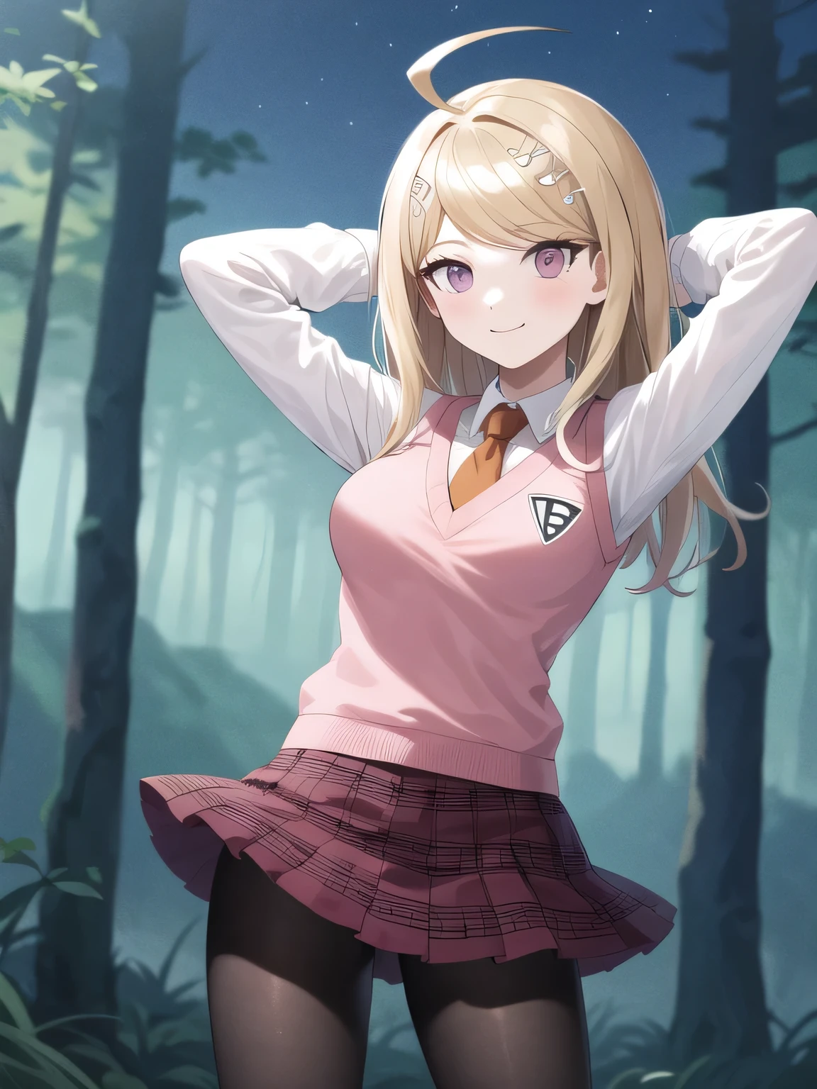 masterpiece, best quality, highres, aakaede, long hair, ahoge, hair ornament, breasts, , necktie, pink vest, sweater vest, collared shirt, long sleeves, pleated skirt, purple skirt, print skirt, pantyhose, closed mouth, solo, cowboy shot, night sky, forest, arms behind head, contrapposto, spread armpits, smile, high quality, in the center, high quality,