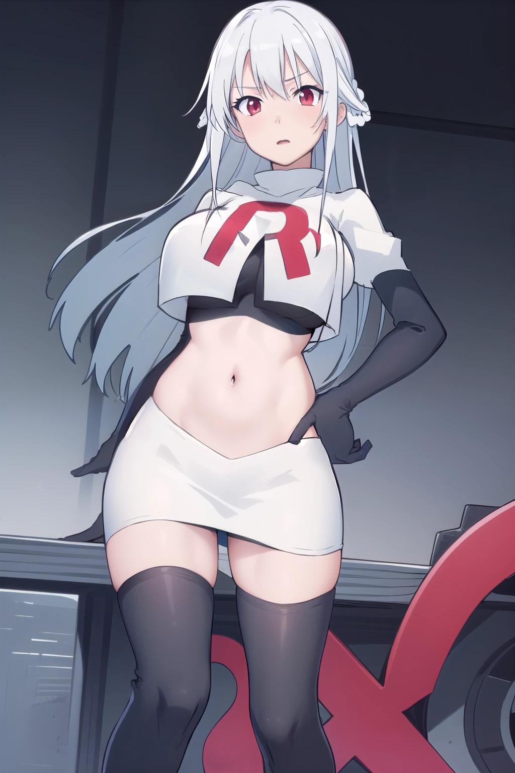 (masterpiece, best quality:1.2),illustration,8k,hd,1girl,solo,very_long_hair,large_breasts,red_eyes,white_hair,zettai_ryouiki,team rocket,team rocket uniform,white skirt,red letter R,crop top,black thigh-highs,black elbow gloves