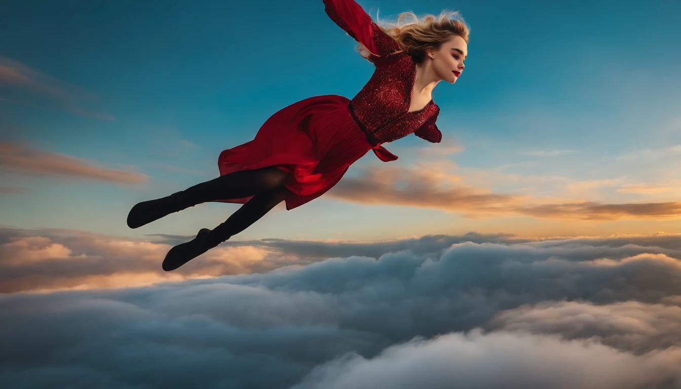 Sabrina Carpenter flying happily and gracefully in the sky