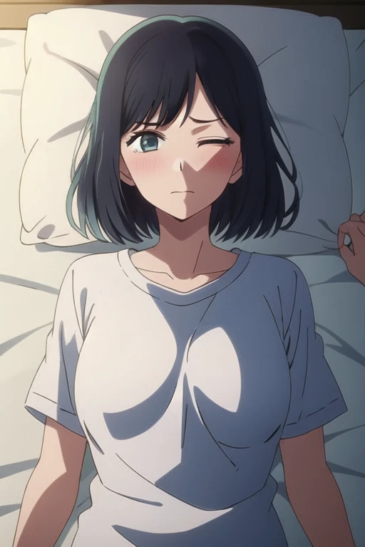 masterpiece, highest quality, , 1 girl, alone,Perfect beautiful light, looking at the viewer, Upper body, Depth of the bounds written, anime coloring book, , Kurokawa Akane, black hair,， Blu-ray,（（ (One eye closed:1.5),））,Lying on your back on the floor,　troubled expression,（（open your mouth:1.5））,exposed chest,Fully open white shirt,exposed chest,Medium chest,（（perfect nipples））,（（lie in bed））,,blush,white lace panties,Perfect slim thighs