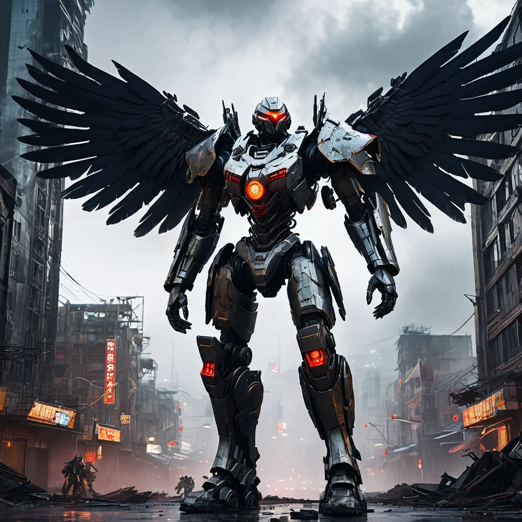 (highres:1.2),detailed battle cyborg,strides through ruined city with Crow theming,incredible attention to detail,metallic armor with intricate designs,glowing red eyes,feathers and wings on the back,sinister atmosphere,dark and desolate streets,destroyed skyscrapers in the background,mysterious fog,ominous shadows,contrast of vibrant city lights with the dystopian setting,post-apocalyptic ambiance,gritty and gritty textures,high-tech weapons and gadgets,mechanical limbs,sparks of electricity,fine reflection and shine on the armor,sharp and dramatic lighting effects,slightly desaturated color palette,expressive pose and dynamic movement,ominous clouds hanging in the sky.