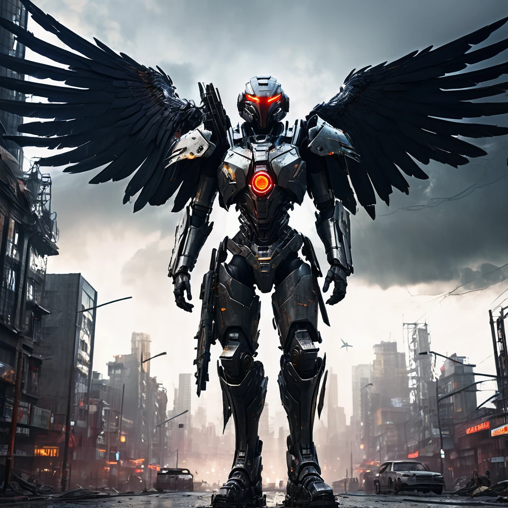 (highres:1.2),detailed battle cyborg,strides through ruined city with Crow theming,incredible attention to detail,metallic armor with intricate designs,glowing red eyes,feathers and wings on the back,sinister atmosphere,dark and desolate streets,destroyed skyscrapers in the background,mysterious fog,ominous shadows,contrast of vibrant city lights with the dystopian setting,post-apocalyptic ambiance,gritty and gritty textures,high-tech weapons and gadgets,mechanical limbs,sparks of electricity,fine reflection and shine on the armor,sharp and dramatic lighting effects,slightly desaturated color palette,expressive pose and dynamic movement,ominous clouds hanging in the sky.