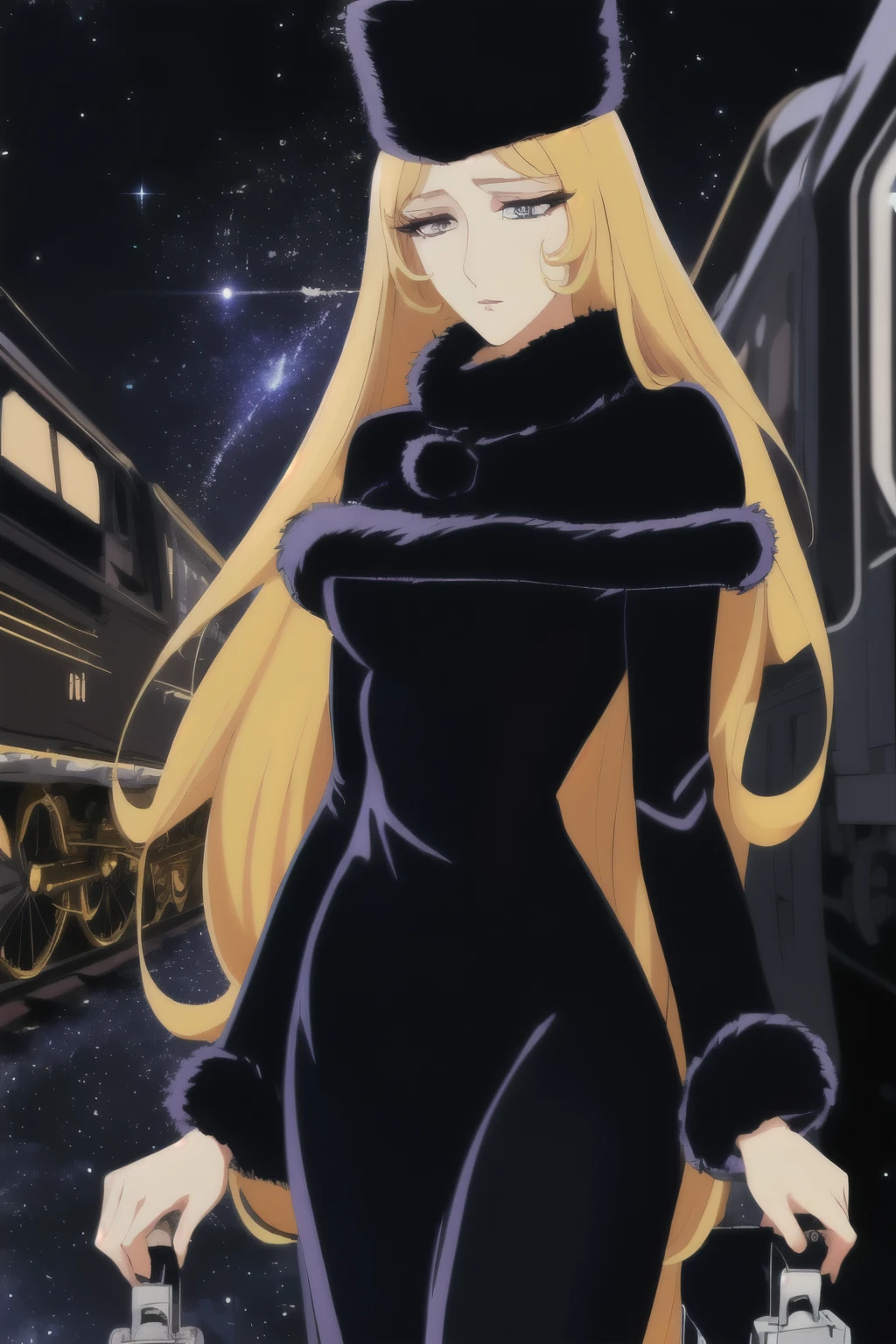 best quality, super fine, 16k, RAW photo, photorealistic, incredibly absurdres, extremely detailed, delicate, flashy and dynamic depiction, Galaxy Express 999, maetel, long hair, blonde hair, fur trim, black headwear, fur hat, dress, (cowboy shot:1.3), beautiful cool female, Sad, fleeting, melancholy expression, sharp eyes, sharp face, slender perfect proportion, narrow waist, lip makeup, long eyelashes, detailed pupils, detailed skin texture, background galaxy, night, station platform, steam train station, luggage