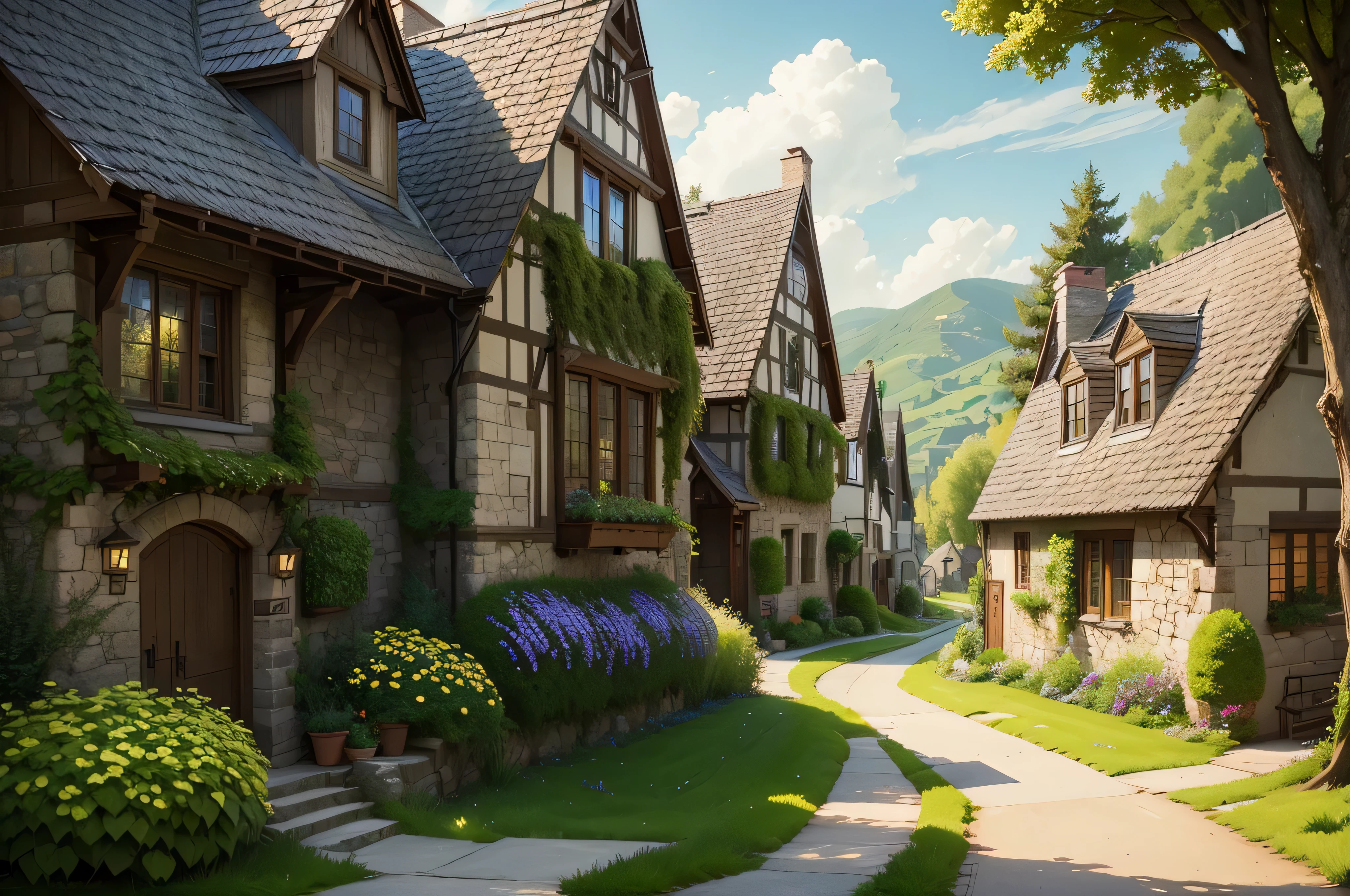 a quaint little neighborhood situated on the outskirts of the town of Yares, nestled amongst lush green hills and rolling fields. The neighborhood gets its name from the abundance of ivy that adorns the old stone houses and the walls of secret gardens. The narrow, winding streets wind between rustic-style houses, creating a welcoming and charming atmosphere. (digital art, fantasy art, RPG art)
