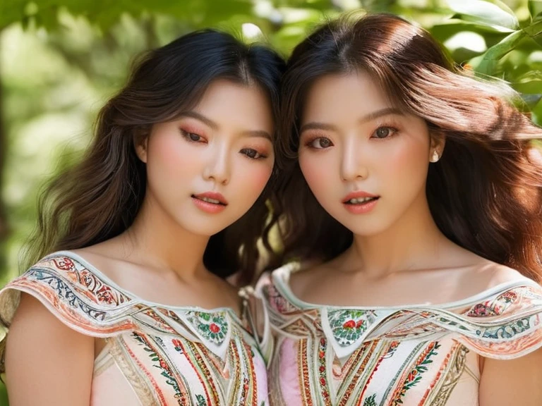 (high resolution, ultra-detailed, photorealistic), (half body:1.4) photo of sjang and her identical twin, beautiful detailed eyes, beautiful detailed lips, extremely detailed eyes and face, long eyelashes, natural lighting, Soft Color palette, serene garden background, translucent dresses, flowing hair, gentle smiles, delicate features, slightly angled poses, graceful hand gestures, sunlight filtering through the trees, vibrant flowers surrounding them, a sense of harmony and connection between the twins, intricate patterns on their dresses, a slight breeze rustling their hair, sunlight creating a subtle glow on their skin