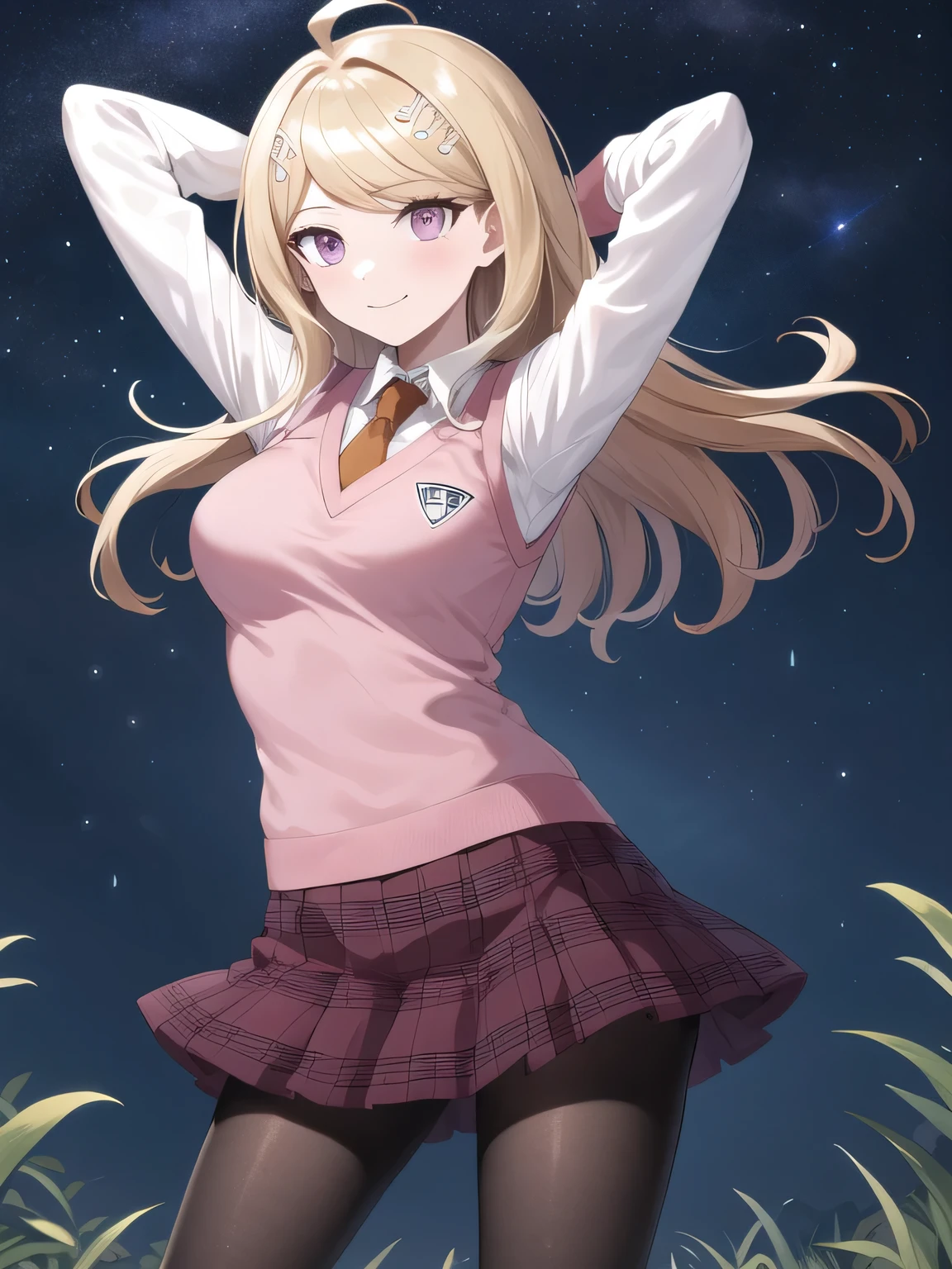 masterpiece, best quality, highres, aakaede, long hair, ahoge, hair ornament, breasts, , necktie, pink vest, sweater vest, collared shirt, long sleeves, pleated skirt, purple skirt, print skirt, pantyhose, closed mouth, solo, cowboy shot, night sky, forest, arms behind head, contrapposto, spread armpits, smile, high quality, in the center, high quality,