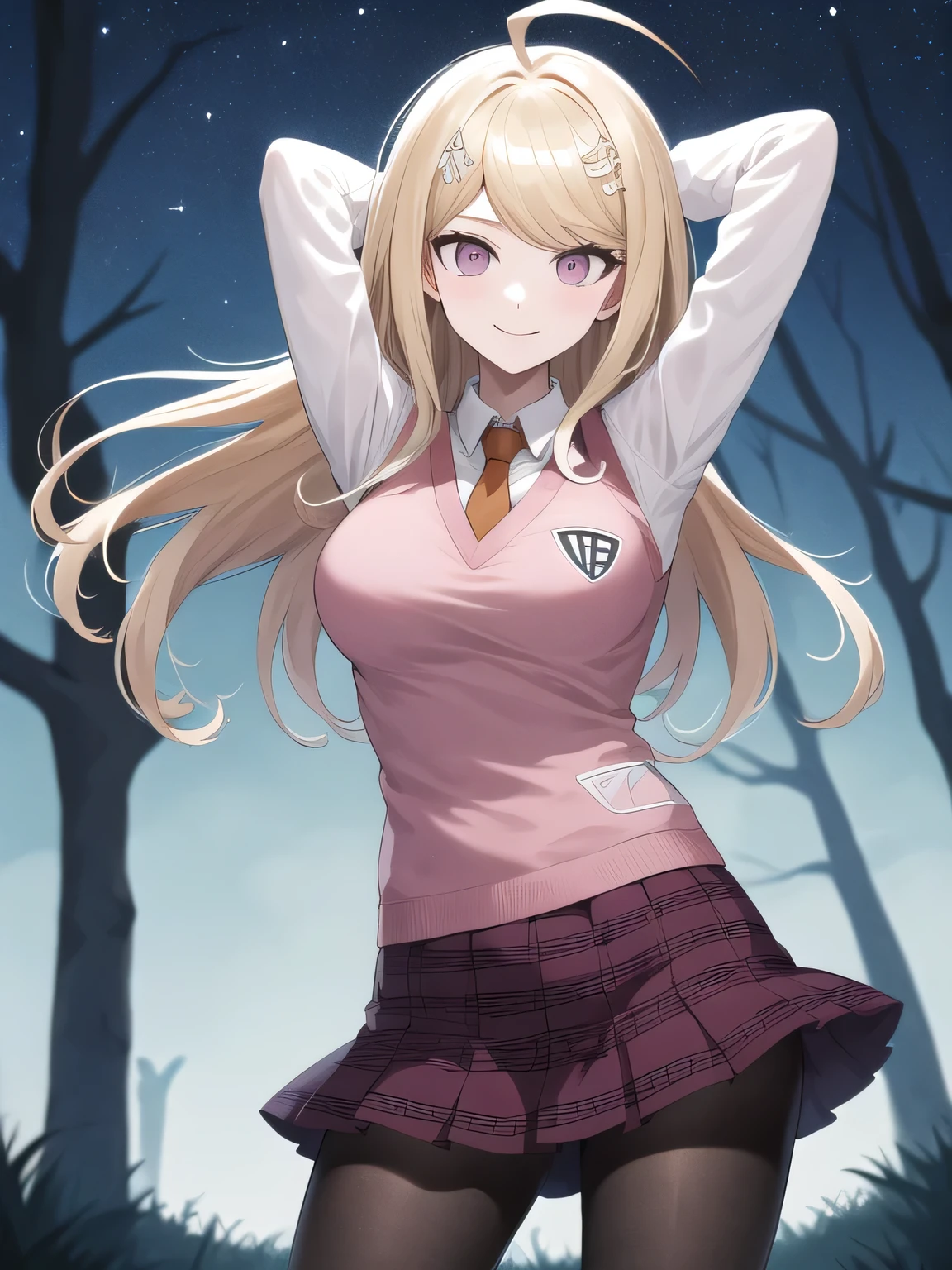 masterpiece, best quality, highres, aakaede, long hair, ahoge, hair ornament, breasts, , necktie, pink vest, sweater vest, collared shirt, long sleeves, pleated skirt, purple skirt, print skirt, pantyhose, closed mouth, solo, cowboy shot, night sky, forest, arms behind head, contrapposto, spread armpits, smile, high quality, in the center, high quality,