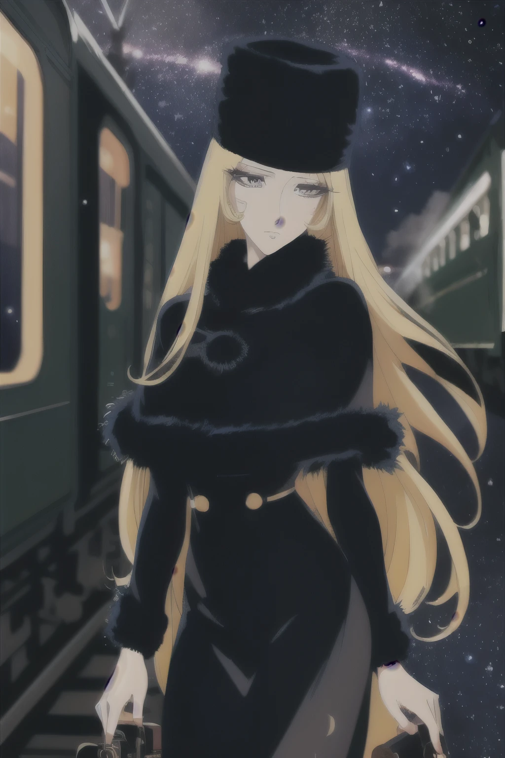 best quality, super fine, 16k, RAW photo, photorealistic, incredibly absurdres, extremely detailed, delicate, flashy and dynamic depiction, Galaxy Express 999, maetel, long hair, blonde hair, fur trim, black headwear, fur hat, dress, (cowboy shot:1.3), beautiful cool female, Sad, fleeting, melancholy expression, sharp eyes, sharp face, slender perfect proportion, narrow waist, lip makeup, long eyelashes, detailed pupils, detailed skin texture, background galaxy, night, station platform, steam train station, luggage