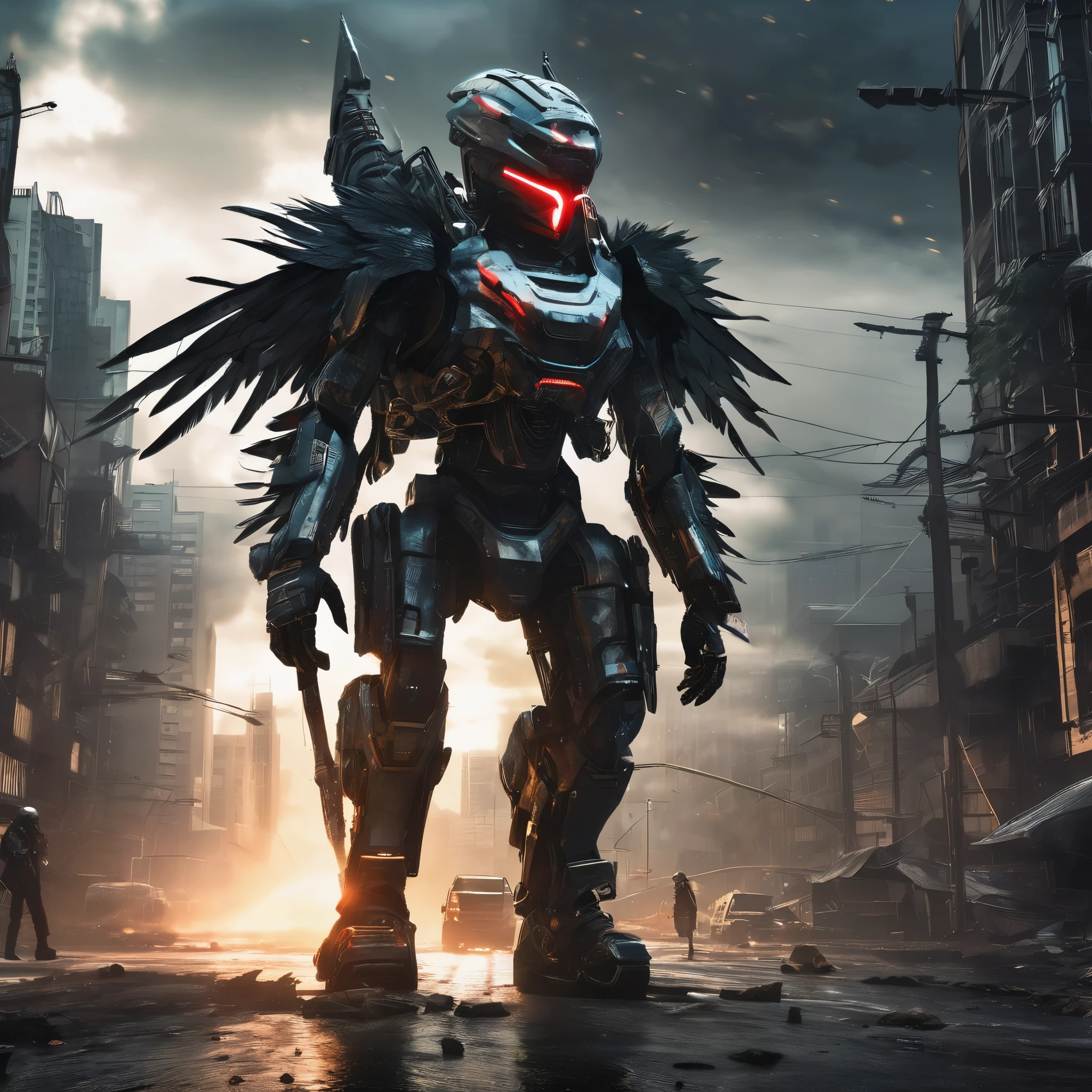 (highres:1.2),detailed battle cyborg,strides through ruined city with Crow theming,incredible attention to detail,metallic armor with intricate designs,glowing red eyes,feathers and wings on the back,sinister atmosphere,dark and desolate streets,destroyed skyscrapers in the background,mysterious fog,ominous shadows,contrast of vibrant city lights with the dystopian setting,post-apocalyptic ambiance,gritty and gritty textures,high-tech weapons and gadgets,mechanical limbs,sparks of electricity,fine reflection and shine on the armor,sharp and dramatic lighting effects,slightly desaturated color palette,expressive pose and dynamic movement,ominous clouds hanging in the sky.
