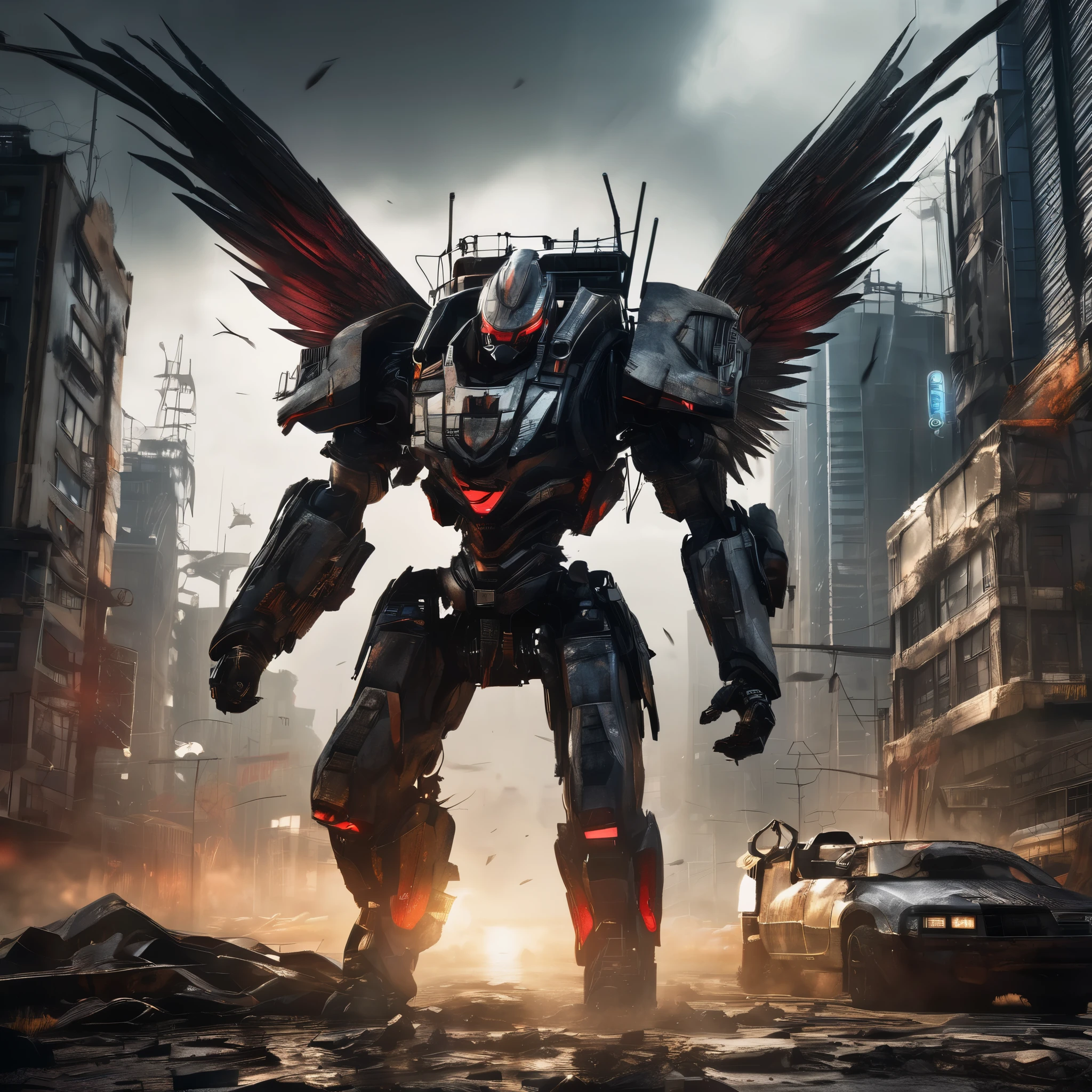 (highres:1.2),detailed battle cyborg,strides through ruined city with Crow theming,incredible attention to detail,metallic armor with intricate designs,glowing red eyes,feathers and wings on the back,sinister atmosphere,dark and desolate streets,destroyed skyscrapers in the background,mysterious fog,ominous shadows,contrast of vibrant city lights with the dystopian setting,post-apocalyptic ambiance,gritty and gritty textures,high-tech weapons and gadgets,mechanical limbs,sparks of electricity,fine reflection and shine on the armor,sharp and dramatic lighting effects,slightly desaturated color palette,expressive pose and dynamic movement,ominous clouds hanging in the sky.