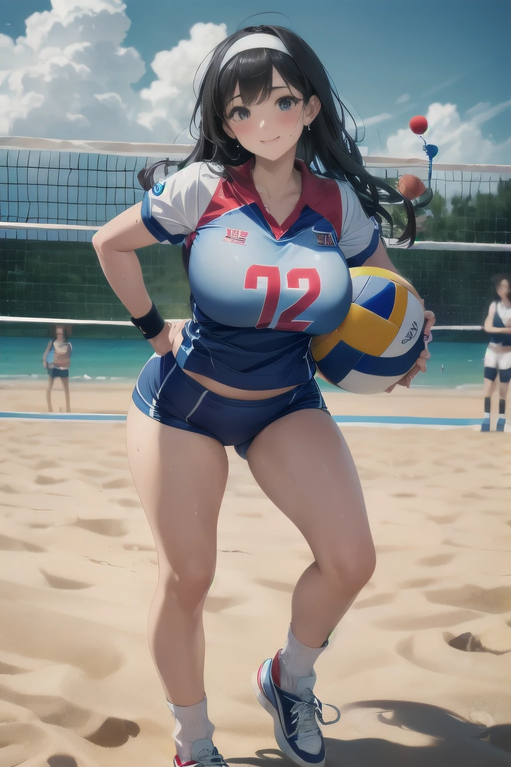 UHD, anatomically correct, 8K, (((masterpiece))), (((highest quality))), (((super detailed))), (((High resolution))), ((super detailed illustrations)), ((ultimate cutie)), detailed beautiful face, alone, one girl, , pot belly, crooked, big breasts, thick thighs, shiny hair,, smile, (blush), break, (((bloomers))), (Beach Volleyball Uniform), head band, ((Wristband)),, (((loose socks))), , ((High Top Sneakers)), stylish pose, ((Sweat)), (Sweatをかいた), (heavy breathing), sense of depth, on the beach, lit, view audience,full body、(blue volley ball uniform:1.3)