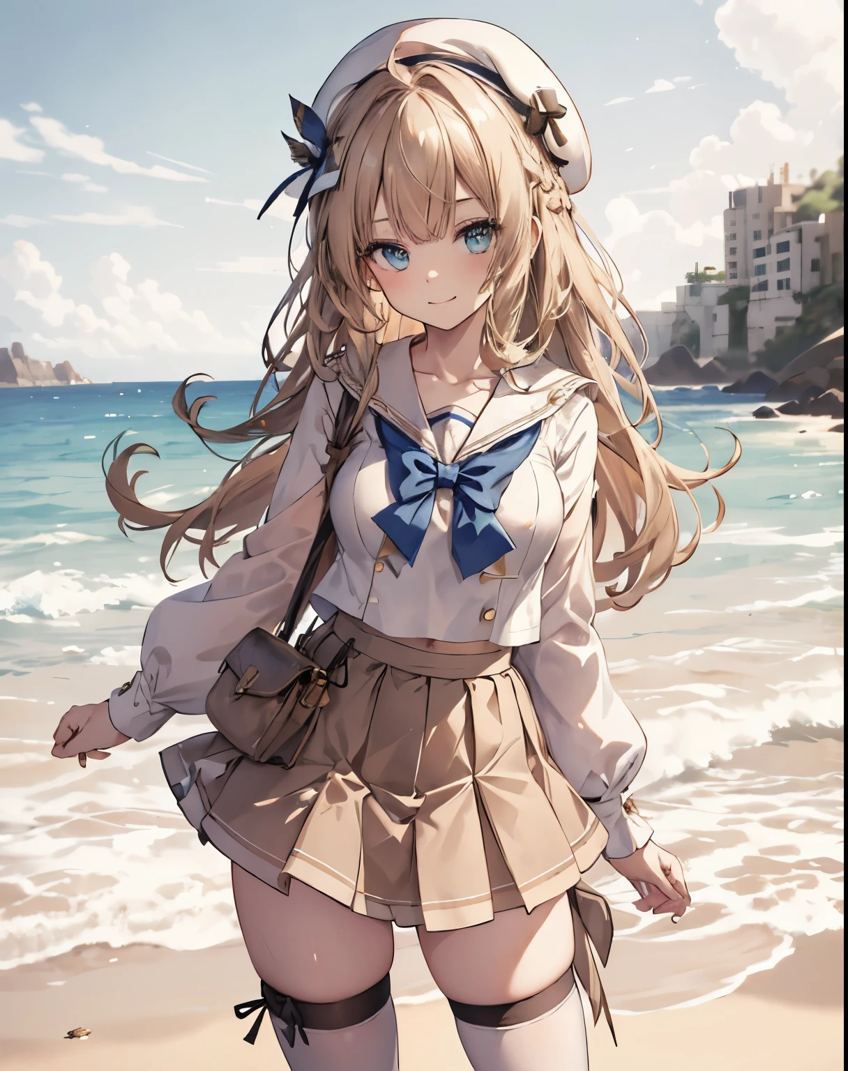 masterpiece, 1girl, sparrow, a blonde haired girl, wearing a white sailor clothes, curly long hair, messy hair, slim body, he close her left eye, shirt ornament, aqua eyes, sho show her back, ahoge, baby face, big breast, beautiful breasts, rounded breasts, braid hair, beret, long sleeves, beautiful eyes, white stocking, droopy eyes, miniskirt, brown skirt, plaid skirt, her age is 19 years old, beret, seductive smile, beach, bowtie, sailor collar, pleated skirt, dirty body