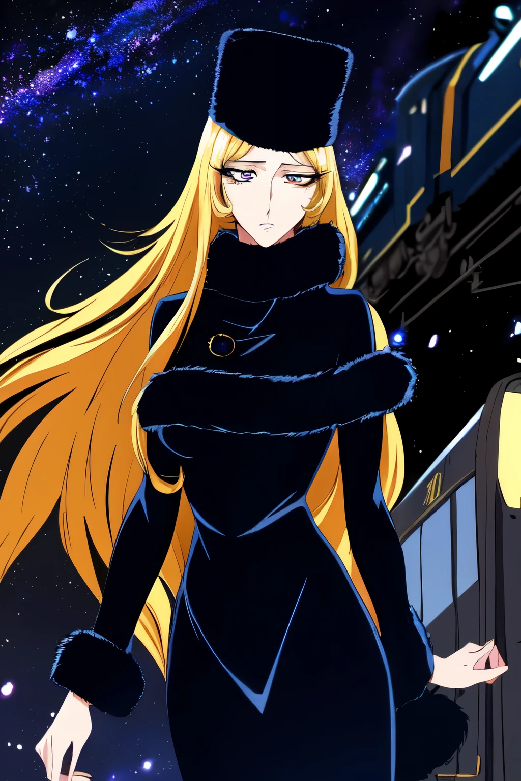 best quality, super fine, 16k, RAW photo, photorealistic, incredibly absurdres, extremely detailed, delicate, flashy and dynamic depiction, Galaxy Express 999, maetel, long hair, blonde hair, fur trim, black headwear, fur hat, dress, (cowboy shot:1.3), beautiful cool female, Sad, fleeting, melancholy expression, sharp eyes, sharp face, slender perfect proportion, narrow waist, lip makeup, long eyelashes, detailed pupils, detailed skin texture, background galaxy, night, station platform, steam train station, luggage