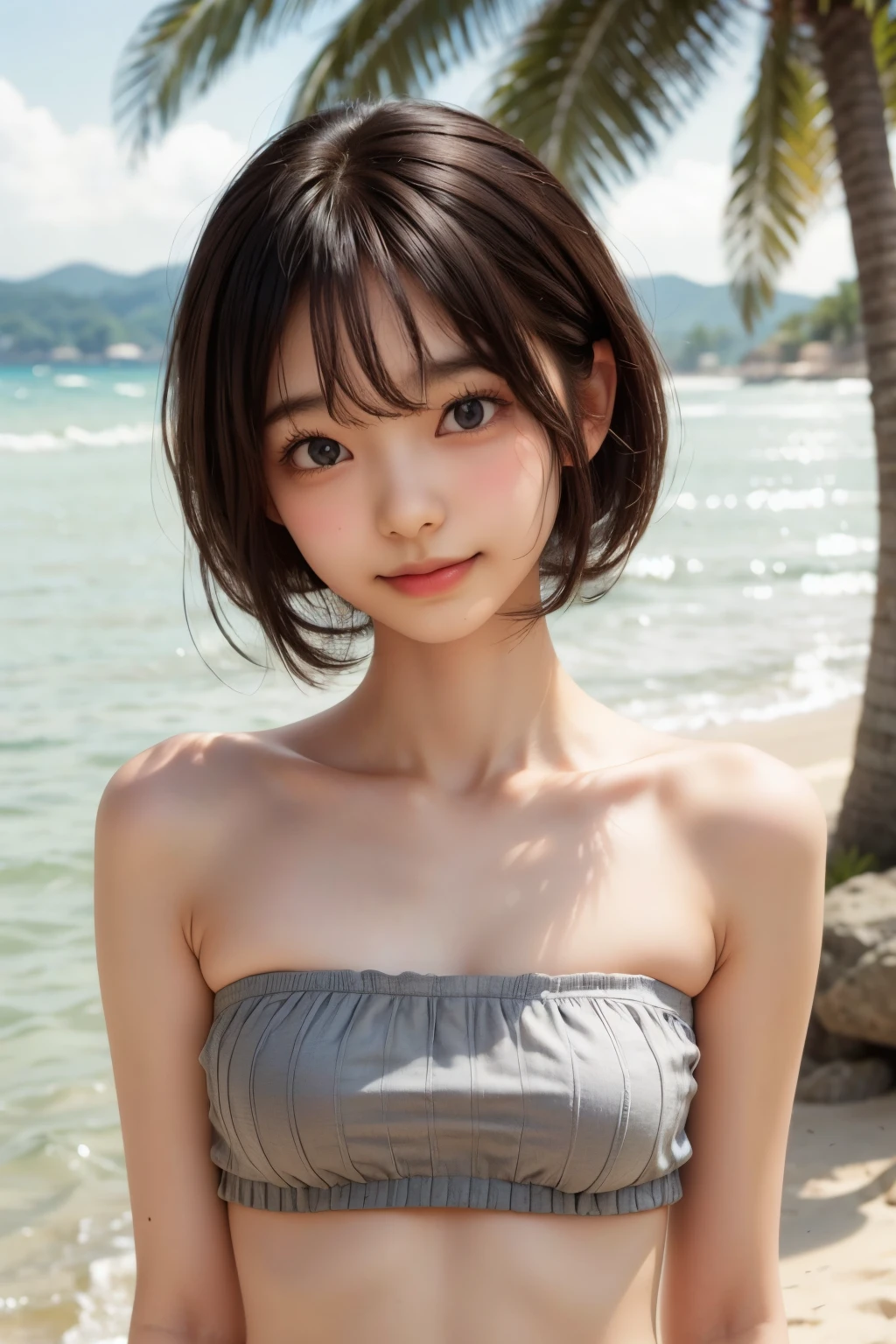 ((sfw: 1.4)), ((sfw, bandeau top, beach, bony body, extra short hair, sidelocks-hair, smile, 1 girl)), ultra high resolution, (real: 1.4), RAW photo, highest quality, (photorealistic), focus ,Soft light,((15 years old)),((Japanese)),(((Young face))),(Surface),(Depth of field),Masterpiece,(Photoreal),Woman,Bangs,( (1 girl)