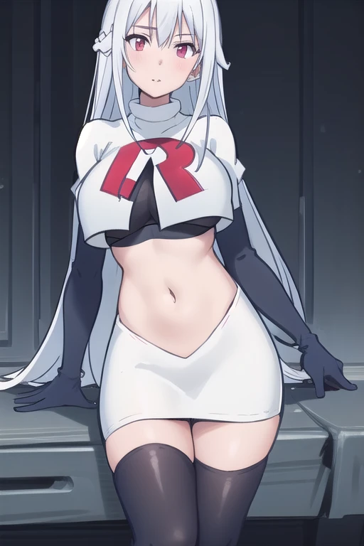 (masterpiece, best quality:1.2),illustration,8k,hd,1girl,solo,very_long_hair,large_breasts,red_eyes,white_hair,zettai_ryouiki,team rocket,team rocket uniform,white skirt,red letter R,crop top,black thigh-highs,black elbow gloves