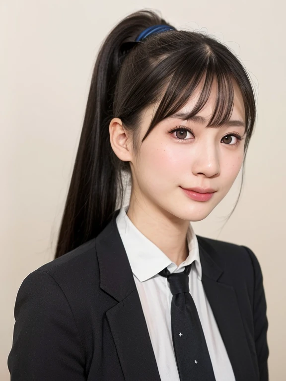 (kawaii 24 year-old Japanese girl, Nogizaka idol, Korean idol), (glossy black hair, high ponytail, ponytail must be behind the shoulders:1.3), (bangs), (rounded face, black eyes, single eyelid, no makeup, relaxed expression:1.2), (wearing blazer jacket, collared shirt, necktie:1.3), flat chest, extra small breasts, (looking straight at camera:1.2), BREAK, (simple white background:1.3), (view from straight forward, portrait,  id photo:1.3), face focus, BREAK, (masterpiece, best quality, photo realistic, official art:1.4), (UHD, 8K quality wallpaper, high resolution, raw photo, golden ratio:1.2), (shiny skin), professional lighting, physically based rendering, award winning, (perfect anatomy, highly detailed skin, extremely detailed face and eyes), Carl Zeiss 85 mm F/1.4, depth of field, 1girl, solo,