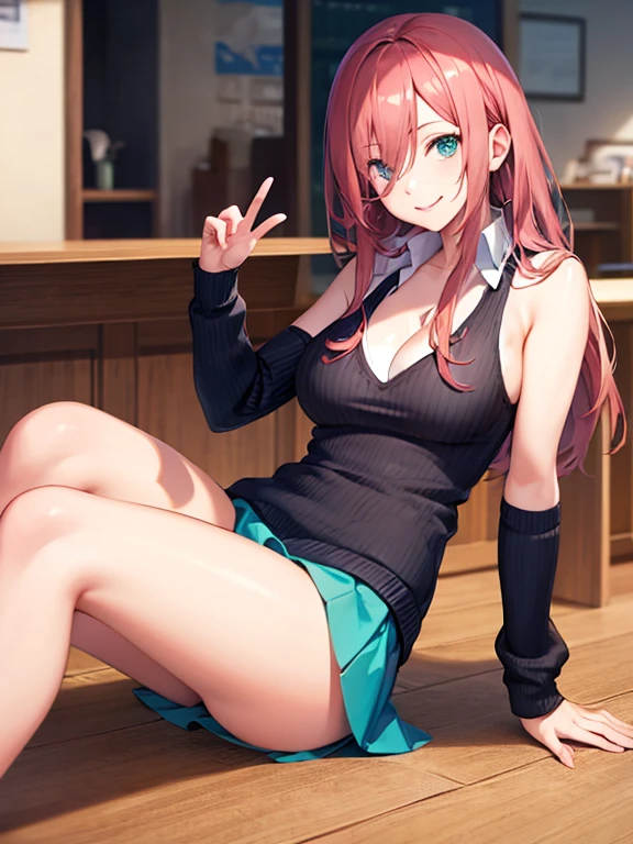 -Miku-season2,long hair,anime coloring,anime screen capture, yo,smile,sleeveless sweater, cleavage, micro skirt,white panties,whole body,beautiful toned legs,large breasts,downtown,masterpiece,best quality,super fine illustration,shiny skin,detailed skin,detailed face,detailed eyes,an extremely cute and beautiful