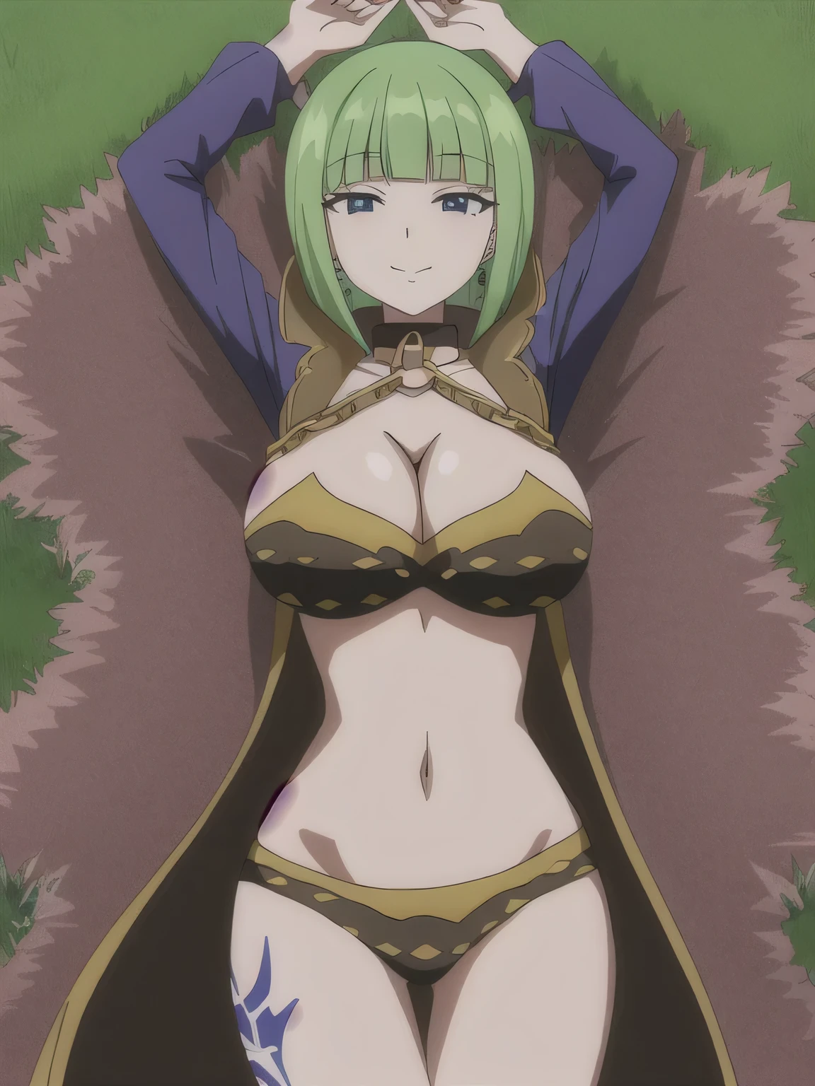 brandish, 1girl, solo, looking at viewer, cleavage, collar, chain, anime coloring, closed mouth, solo, spread arms, arms up, smile, lying, on back, on grass, looking at viewer, solo, in the center, (cowboy shot: 1.3), high quality, expressionless,