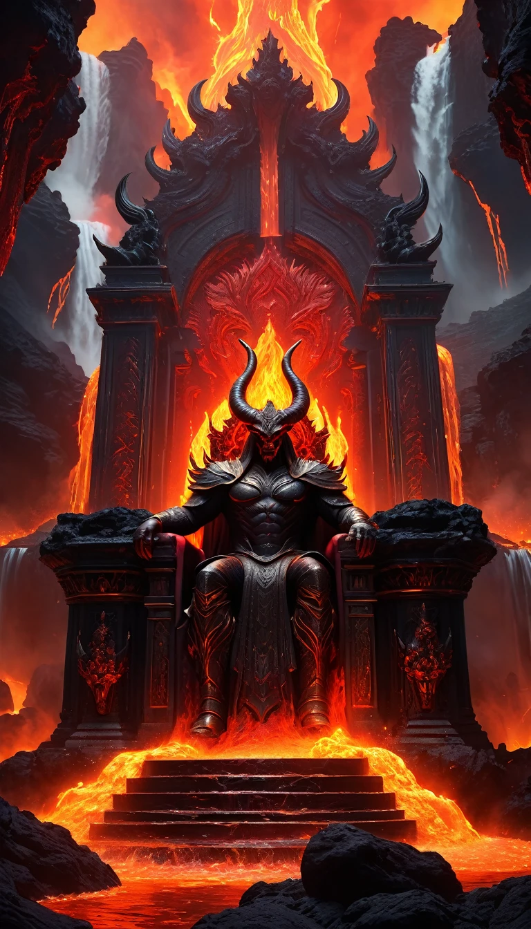 (best quality,4K,high resolution,masterpiece:1.2),Super detailed,actual:1.37,Moderate:(illustration,painting,3D rendering,photography), (Palace of the Underworld，Lava waterfall in the background), The devil sits on his throne, Fiery aura, Threatening expression, Dark and mighty, There are big horns on the forehead, A golden throne with an exquisite design, Intricate carvings on the walls, The strange glow of lava, Billowing smoke, Flickering flame, Sinister Shadow, Intimidating atmosphere, Magnificent buildings, Ornate decoration, ominous premonition, Dark color palette with fiery red accents, dramatic lighting, Severe heat, Rotating lava, Lava flows down the waterfall, Smoke filled the air.