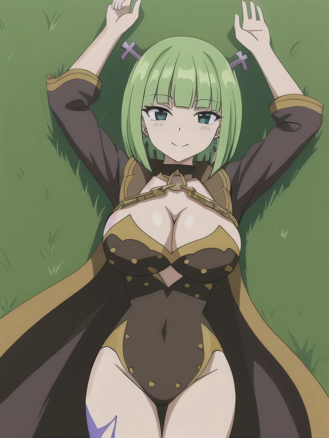brandish, 1girl, solo, looking at viewer, cleavage, collar, chain, anime coloring, closed mouth, solo, spread arms, arms up, smile, lying, on back, on grass, looking at viewer, solo, in the center, (cowboy shot: 1.3), high quality, expressionless,