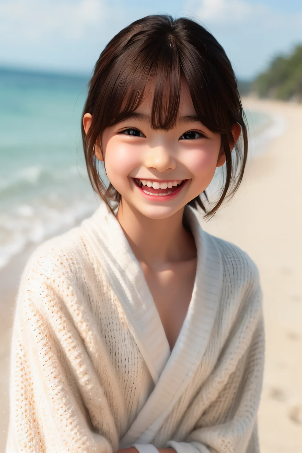 ((sfw: 1.4)), ((sfw, bathrobe, beach, bony body,  extra short hair, sidelocks-hair, smile, 1 girl)), ultra high resolution, (real: 1.4), RAW photo, highest quality, (photorealistic), focus ,Soft light,((15 years old)),((Japanese)),(((Young face))),(Surface),(Depth of field),Masterpiece,(Photoreal),Woman,Bangs,( (1 girl)