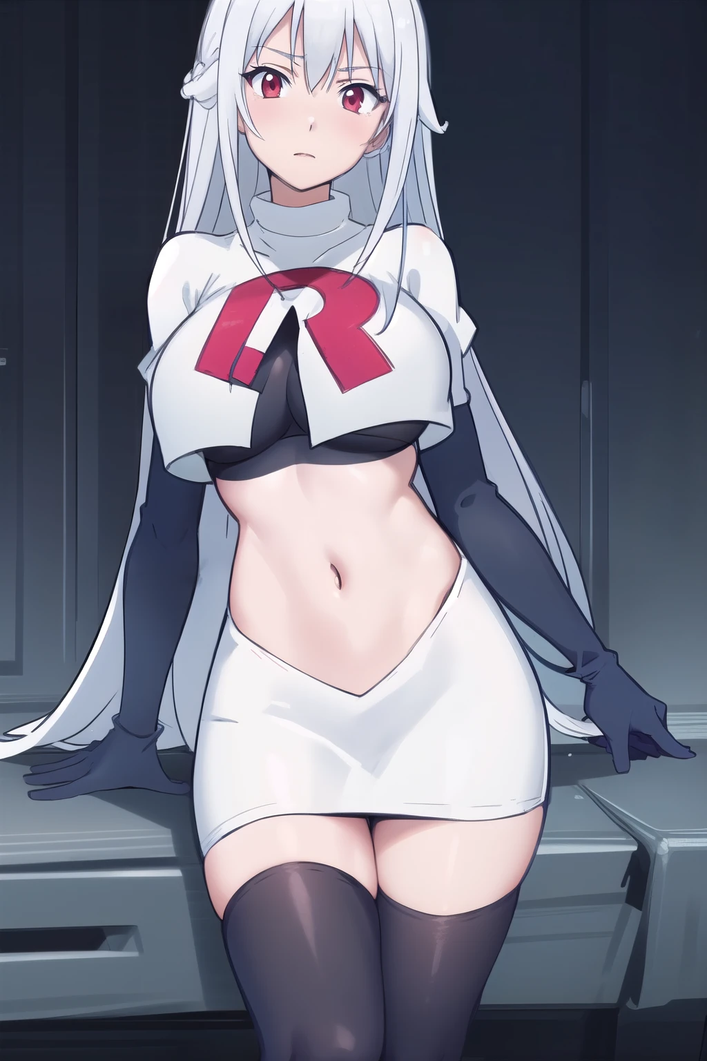 (masterpiece, best quality:1.2),illustration,8k,hd,1girl,solo,very_long_hair,large_breasts,red_eyes,white_hair,zettai_ryouiki,team rocket,team rocket uniform,white skirt,red letter R,crop top,black thigh-highs,black elbow gloves