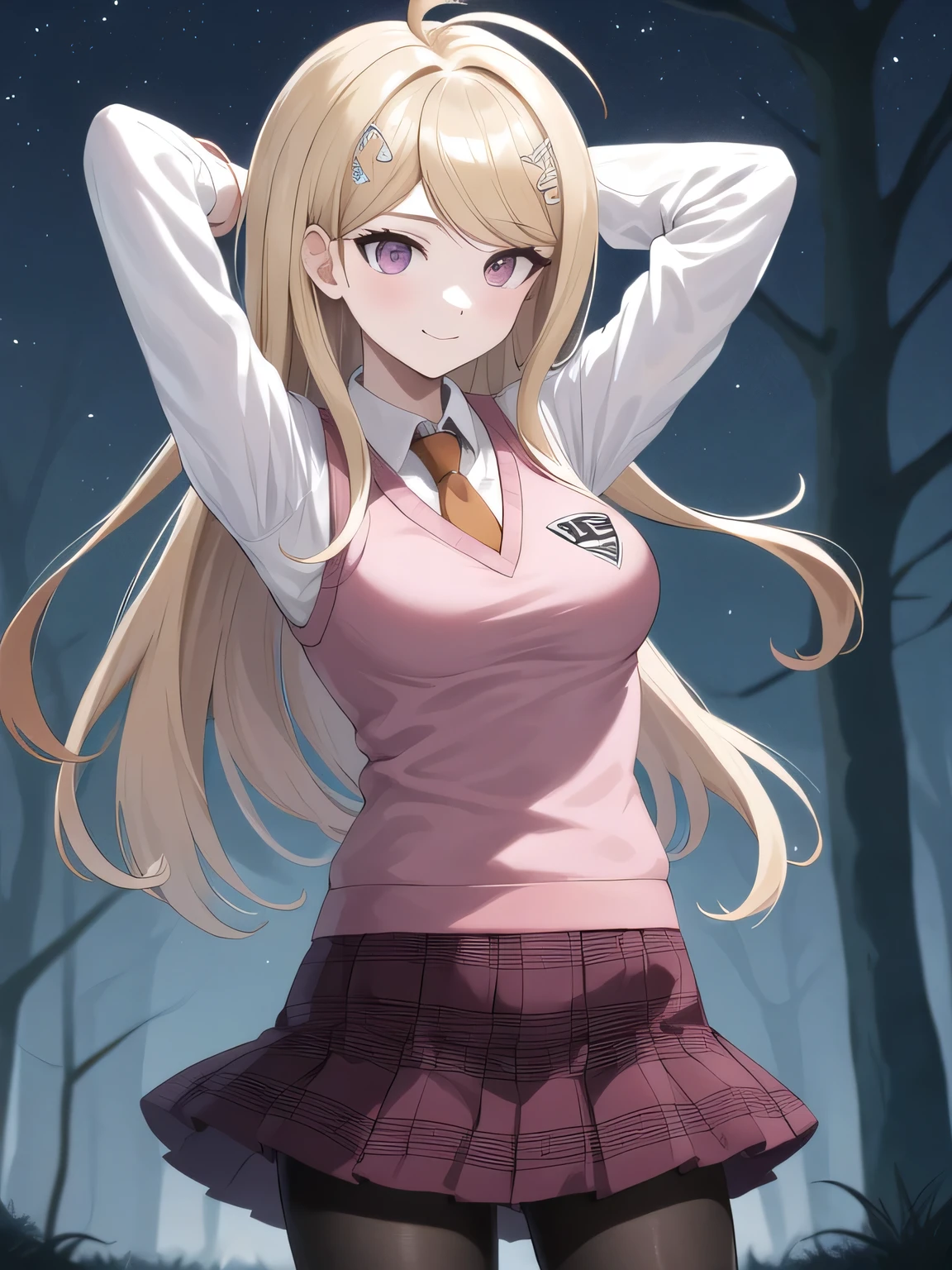 masterpiece, best quality, highres, aakaede, long hair, ahoge, hair ornament, breasts, , necktie, pink vest, sweater vest, collared shirt, long sleeves, pleated skirt, purple skirt, print skirt, pantyhose, closed mouth, solo, cowboy shot, night sky, forest, arms behind head, contrapposto, spread armpits, smile, high quality, in the center, high quality,