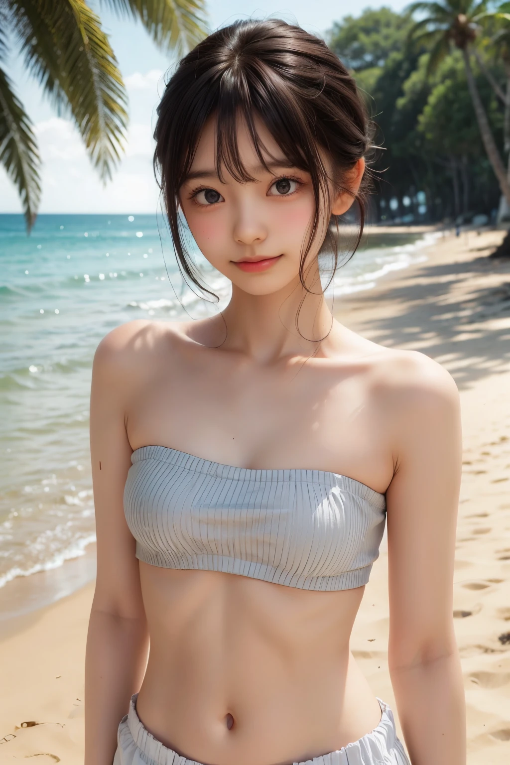 ((sfw: 1.4)), ((sfw, bandeau top, beach, bony body, extra short hair, sidelocks-hair, smile, 1 girl)), ultra high resolution, (real: 1.4), RAW photo, highest quality, (photorealistic), focus ,Soft light,((15 years old)),((Japanese)),(((Young face))),(Surface),(Depth of field),Masterpiece,(Photoreal),Woman,Bangs,( (1 girl)