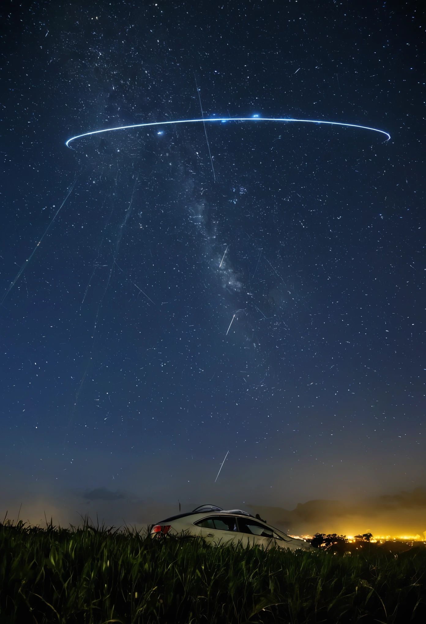 Estando en la noche con amigos en medio de un campo al aire libre. People saw a strange event in the sky, Some took photos with their phones of a symbol that appeared to be three sixes with lines inverted in a circular shape.. Alo lejos se alcanza a ver algo como lluvia de estrellas o meteoritos, which seems to be a war of strange ships attacking our planet, which apparently is covered by a dome or capsule that briefly resists the impacts of many ships, antes de ser destruido y una de las naves entra por un agujero y cae al lugar donde estaban los espectadores.
