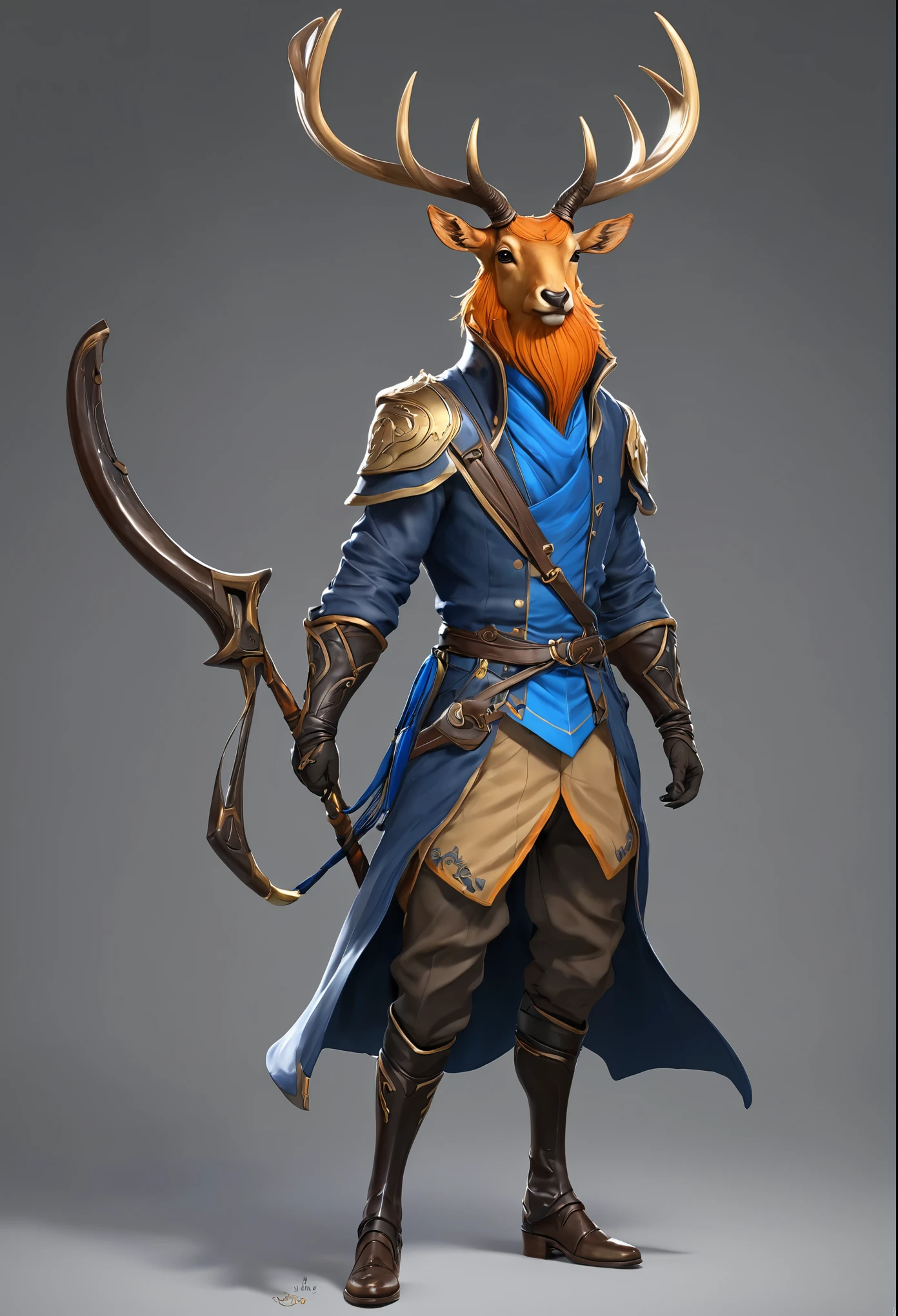 Games villain, estilo anime, com rosto de bode, rounded, backward-curved antlers, dense coat on the neck and light brown in color, duas pernas com o joelho invertido, two hooves for feet, In his right hand he has a giant blue-bladed scythe., Does not wear clothes but has no reproductive organs, Its body is covered in brownish-orange hair, His expression is calm
