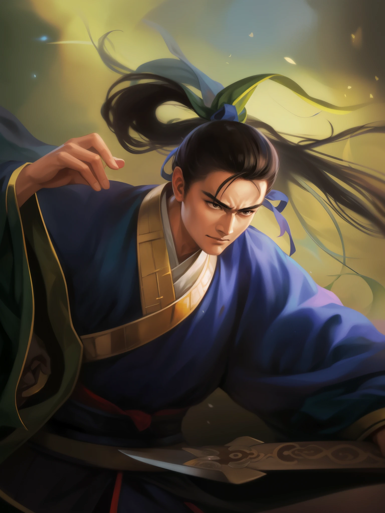Arafad image of a man holding a sword in his hand, inspired by Guan Daosheng, heise jinyao, Inspired by Cao Zhibai, inspired by Wu Daozi, Inspired by Zhao Yuan, Inspired by Wu Bin, Inspired by Fan Kuan, Inspired by Huang Shen, Inspired by Zhang Sengyao, inspired by Wu Zuoren