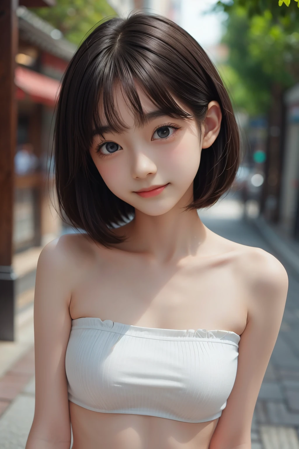 ((sfw: 1.4)), ((sfw, bandeau top, bony body,  extra short hair, sidelocks-hair, smile, 1 girl)), ultra high resolution, (real: 1.4), RAW photo, highest quality, (photorealistic), focus ,Soft light,((15 years old)),((Japanese)),(((Young face))),(Surface),(Depth of field),Masterpiece,(Photoreal),Woman,Bangs,( (1 girl)