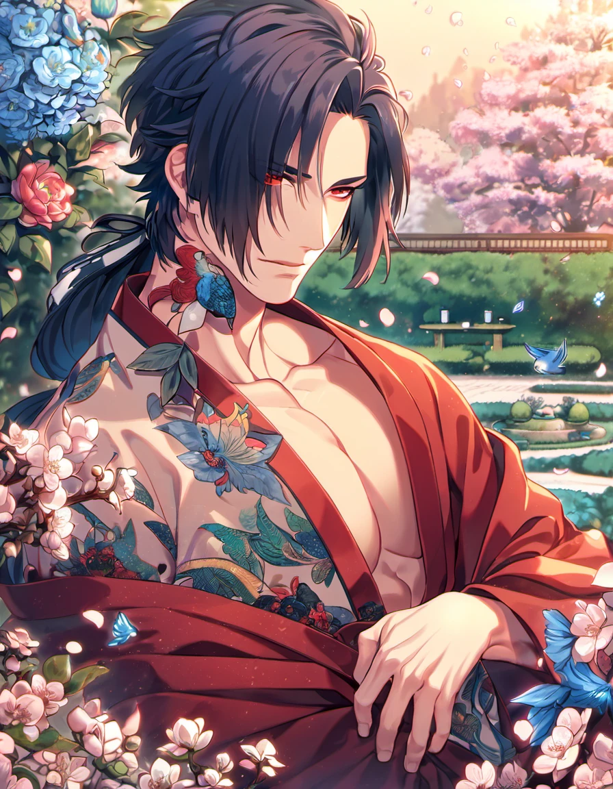 absurdres, highres, ultra detailed, HDR, masterpiece, Koujaku, dark navy hair that is short and a little chopped at the top, has a thick fringe that covers the right side of his face and keeps the rest tied, expressive red eyes, Dramatical Murder, red kimono, designed with decorations such as blue leaves, blossoms and birds, 1man, handsome, garden, petals
