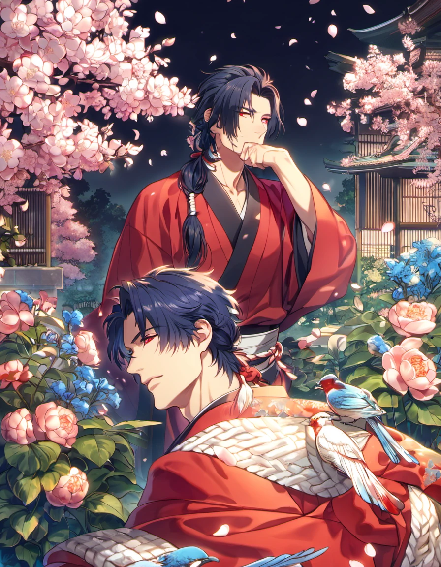 absurdres, highres, ultra detailed, HDR, masterpiece, Koujaku, dark navy hair that is short and a little chopped at the top, has a thick fringe that covers the right side of his face and keeps the rest tied, expressive red eyes, Dramatical Murder, red kimono, designed with decorations such as blue leaves, blossoms and birds, 1man, handsome, garden, petals
