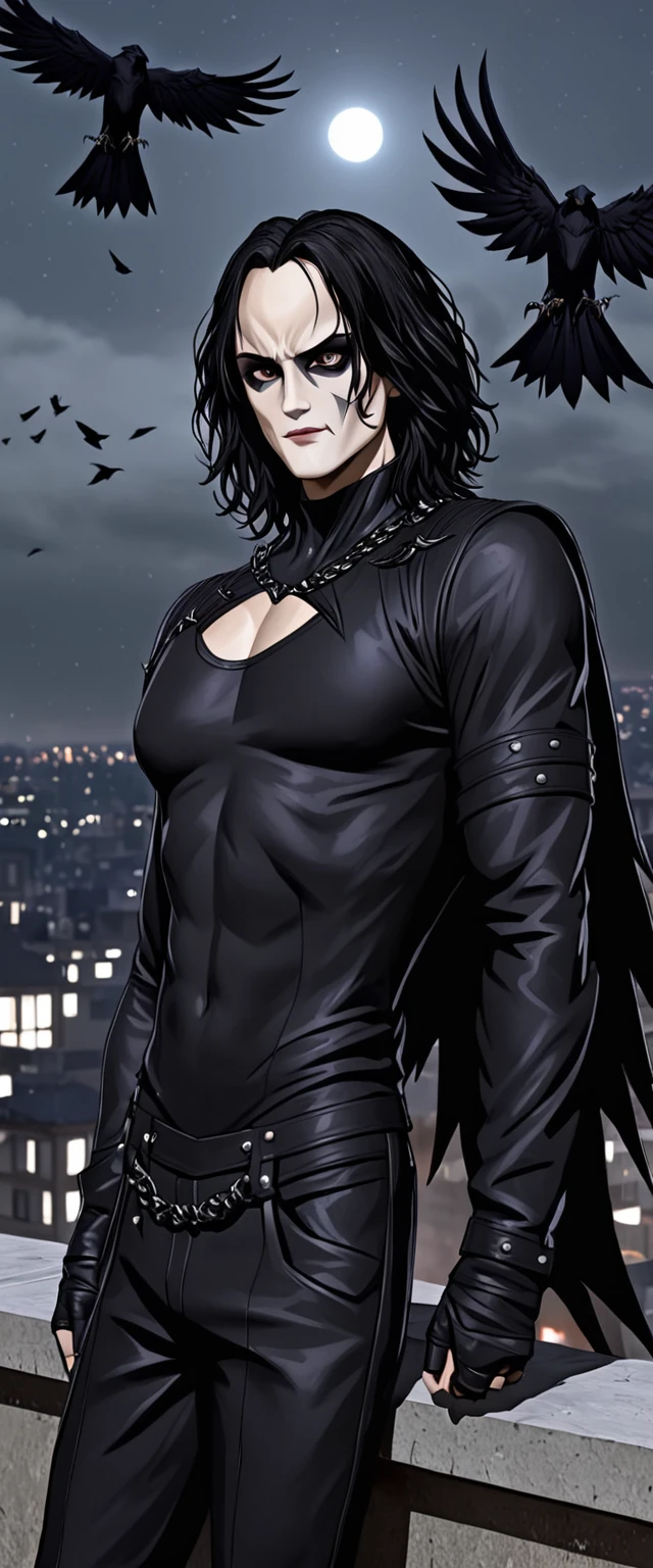 general shot, ((character from the movie the crow:1.7)), ((Brandon Lee made up as the crow:1.7)), on a terrace of a building, metal beams, dark and black sky, stars:1.4,(( best quality)), ((masterpiece) ), a flying crow (highly detailed body and face: 1.6), 3D, Beautiful, unreal engine: 1.4, CG K ultra realistic, photorealistic: 1.4, skin texture: 1.4, movie the crow: 1.4, (((at night))) ,(( night image, at night:1.6)), 32k