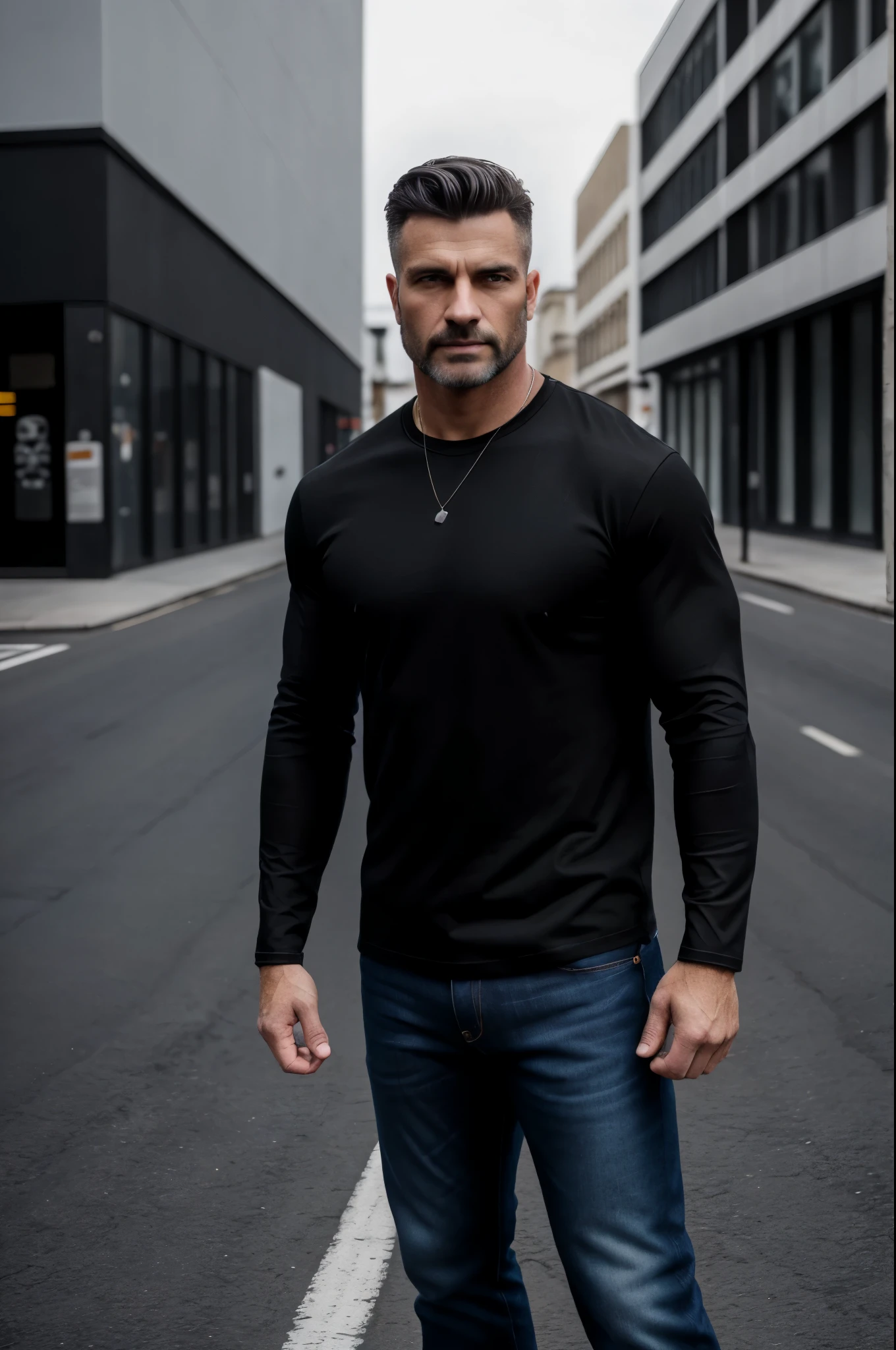 modern, 8k, best quality, UHD, textured skin, highres,A European and American man wearing a black long-sleeved T-shirt and jeans,standing on the street,strong man,Posing for action shots
