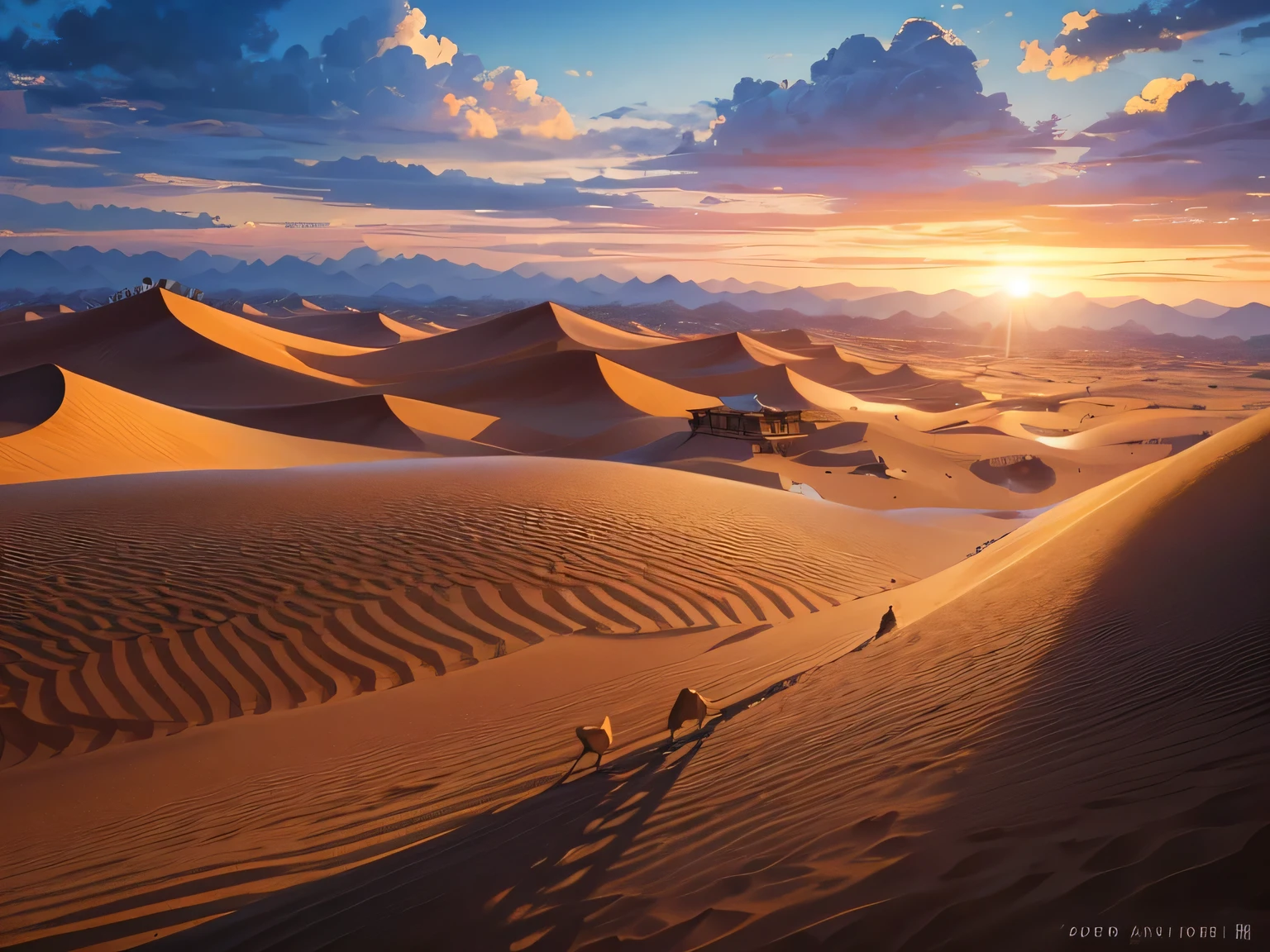 Endless gold sand dunes，在夕阳的照射下发出了Orange，gold，Dark brown light，The sky is full of colorful clouds，White clouds glow with gold and float in the wind，((A long camel caravan in the distance，Walking slowly on the sand dunes))，Desert Wind，It seems to be telling the story of this ancient land.，red，yellow，Orange，brown tones，Decorate the natural landscape with colorful colors，Surreal art，Exquisite details，big scene，medium to long shot，Low viewing angle，Long-range view，Long depth of field，ambient light，rim light，film light，--4:3 --style500 --v5