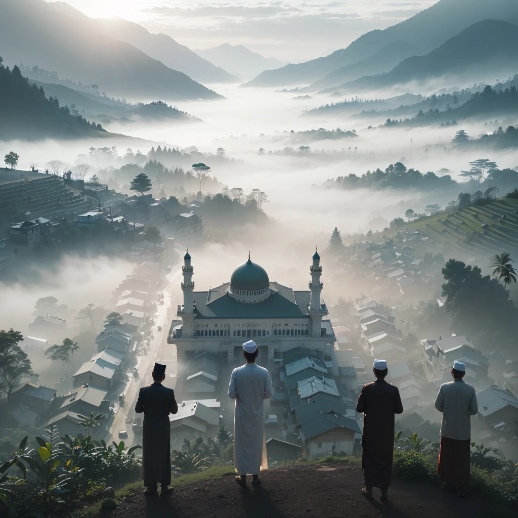 three men standing on a hill looking at a foggy valley, shutterstock, holy place, holy man looking at ground, mystical setting, mosque, best on adobe stock, in the early morning, with beautiful mosques, spectacular cinematic scene, style of ade santora, in the morning mist, dramatic cinematic shot, early morning, mist, indonesia national geographic, during dawn