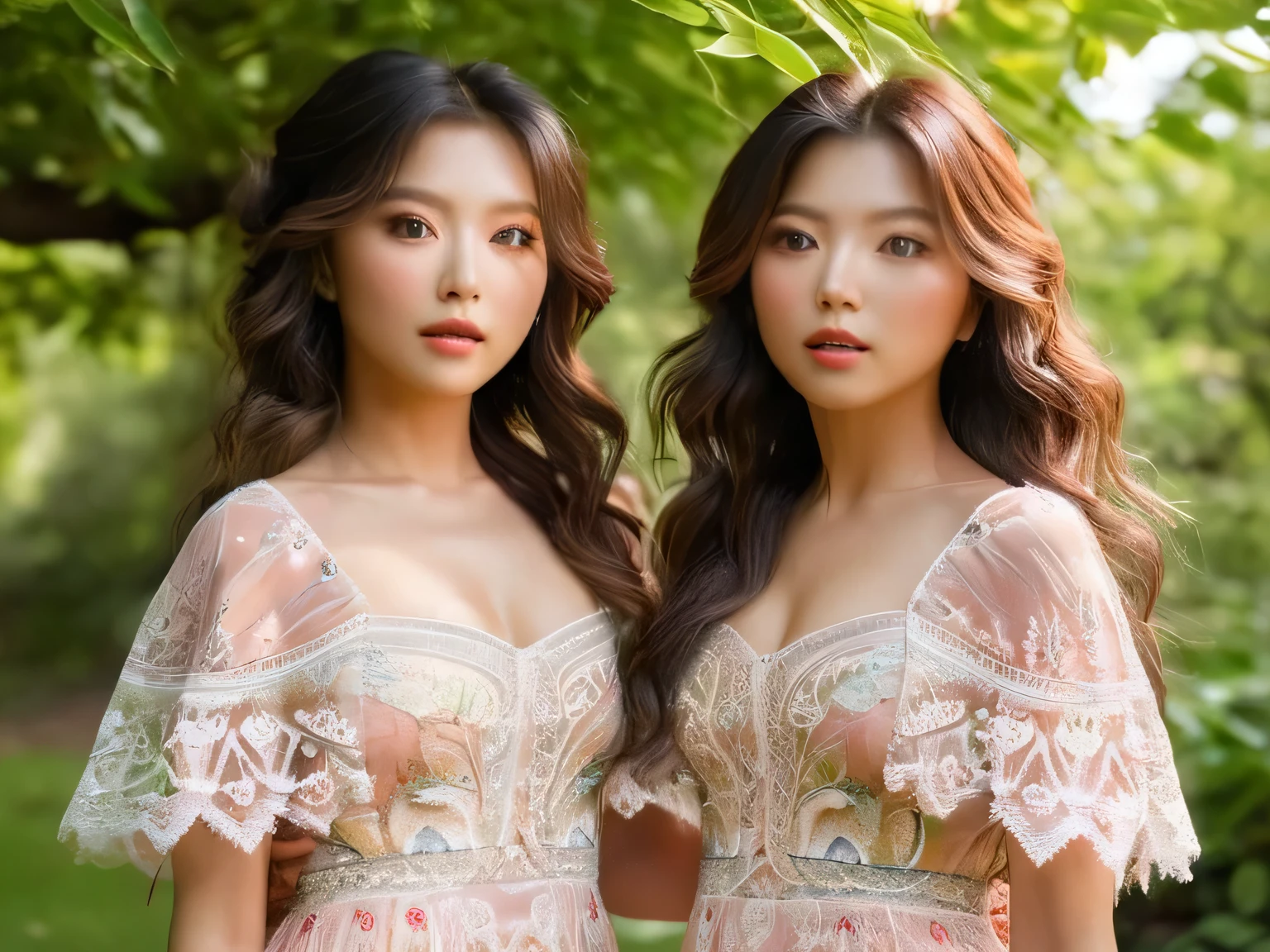 (high resolution, ultra-detailed, photorealistic), (half body:1.4) photo of sjang and her identical twin, beautiful detailed eyes, beautiful detailed lips, extremely detailed eyes and face, long eyelashes, natural lighting, Soft Color palette, serene garden background, translucent dresses, flowing hair, gentle smiles, delicate features, slightly angled poses, graceful hand gestures, sunlight filtering through the trees, vibrant flowers surrounding them, a sense of harmony and connection between the twins, intricate patterns on their dresses, a slight breeze rustling their hair, sunlight creating a subtle glow on their skin