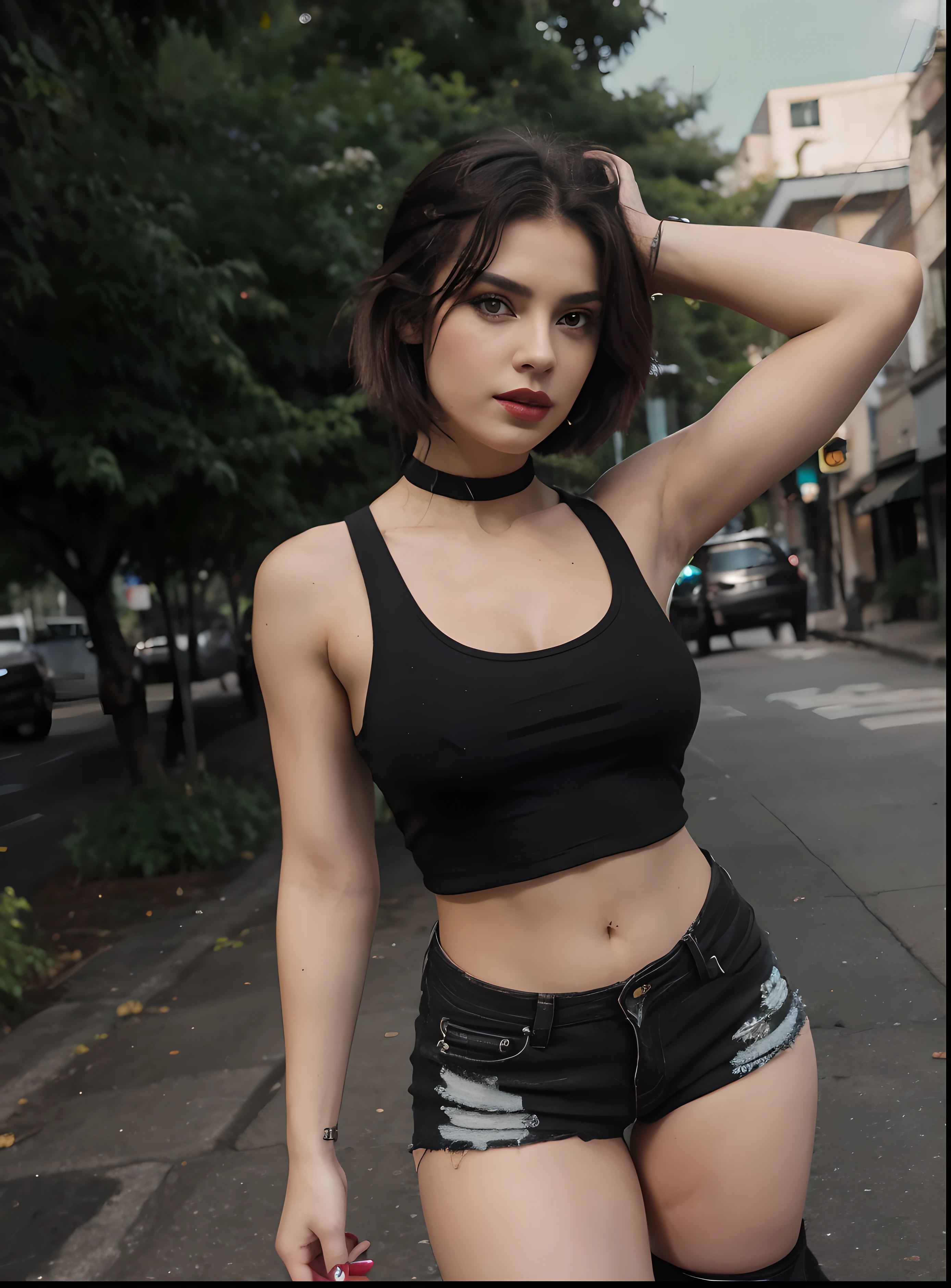 20s black crop top tank top black jeans shorts and green and black long wolf cut black eyeliner pink red lips black boots 