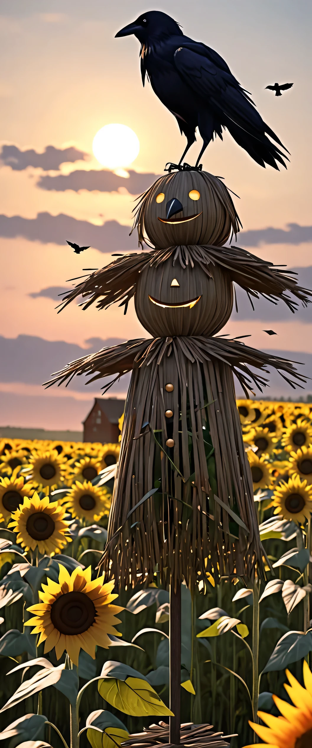 long shot, ((crow standing on a scarecrow full body:1.7)), in a field of sunflowers:1.4,((best quality)), ((masterpiece) ), (highly detailed body and face: 1.6), 3D , Beautiful, unreal engine: 1.4, CG K ultra realistic, photorealistic: 1.4, skin texture: 1.4, (((sunset))) ,(( perfect and sharp image:1.6)), 32k