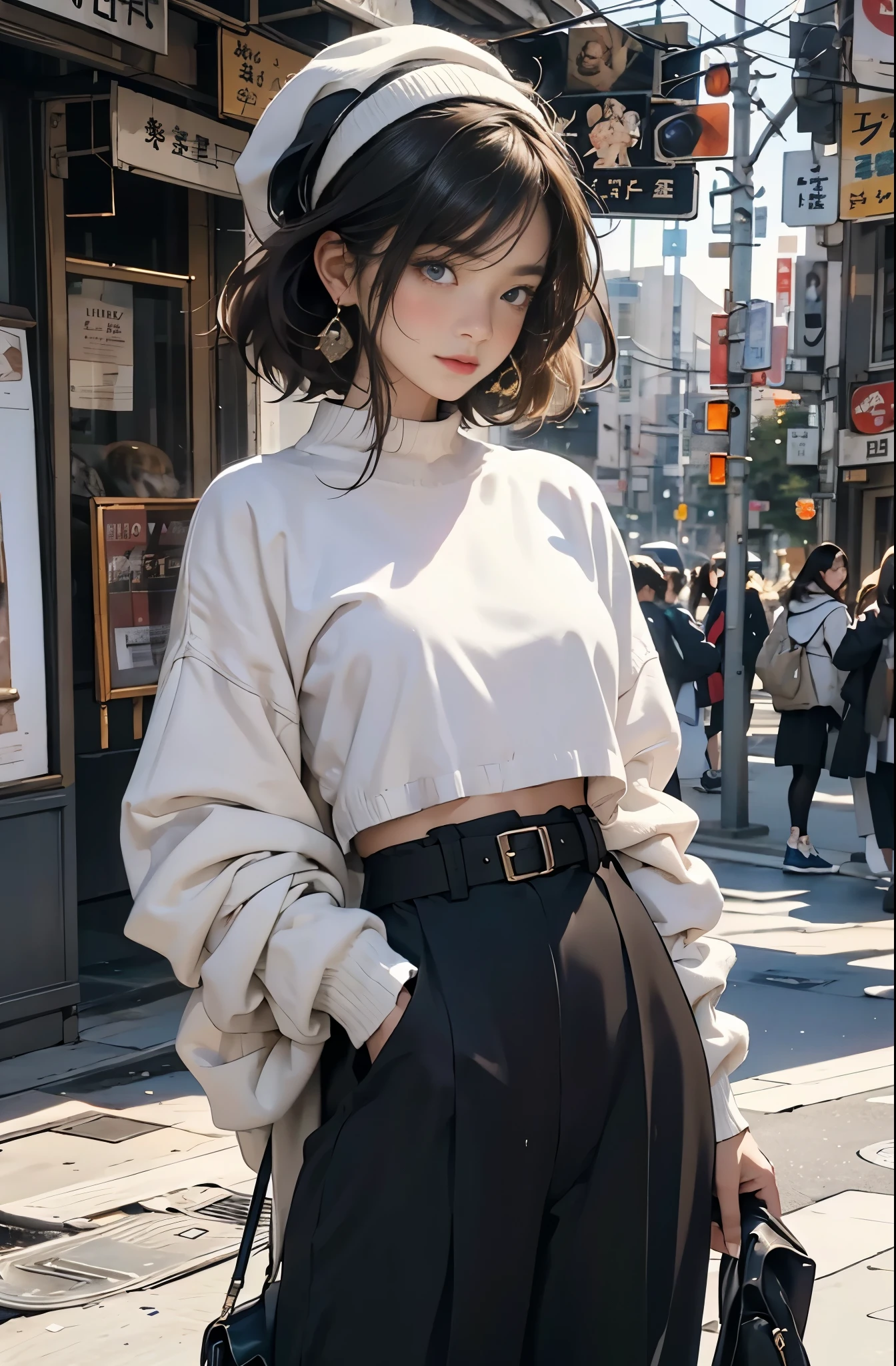Photo of a beautiful Asian woman standing on a street corner, Perfect model body shape, Stylish pants style, Colorful brown sweater, Stylish hats, very stylish, Mode fashion model, Avenue, with influence of Jeremy Mann, Jeremy Mann, style of Jeremy Mann, Jeremy Mann painting, Jeremy Mann art, Ron Hicks, Liepke, Jeremy Mann and alphonse mucha, Works that influenced Edmund Blampid, robert lenkiewicz, Casey Bo and James Jean, Works that influenced Willem Kalf, Nick Alm, tumbler, figurative art, intense watercolor, watercolor detailed art,Beautiful and expressive paintings, Beautiful artwork illustration, wonderful, cool beauty, masterpiece, highest quality, official art, perfect composition, perfect angle, best shot, The perfect subject, women only, sharp outline, romantic, Moody, very beautiful and detailed eyes, beautiful and delicate eyes, ideal animation, sentimental,Tokyo, Roppongi area, zoom out