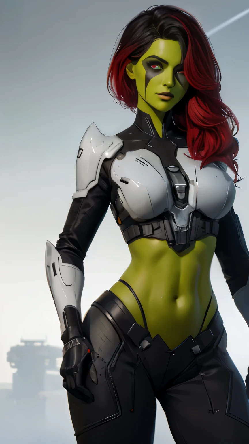 (Highly quality, masterpiece, detailed), science fiction city detailed scenario, science fiction detailed background, solo, 1woman, Gamora, green skin, multicolored hair, red eyes, hair over one eye, black and white crop top 1.3, Abdomen, black and white leggings, armor, gloves, sleeves, light smile, beautiful eyes, look at the viewer, Sexy pose