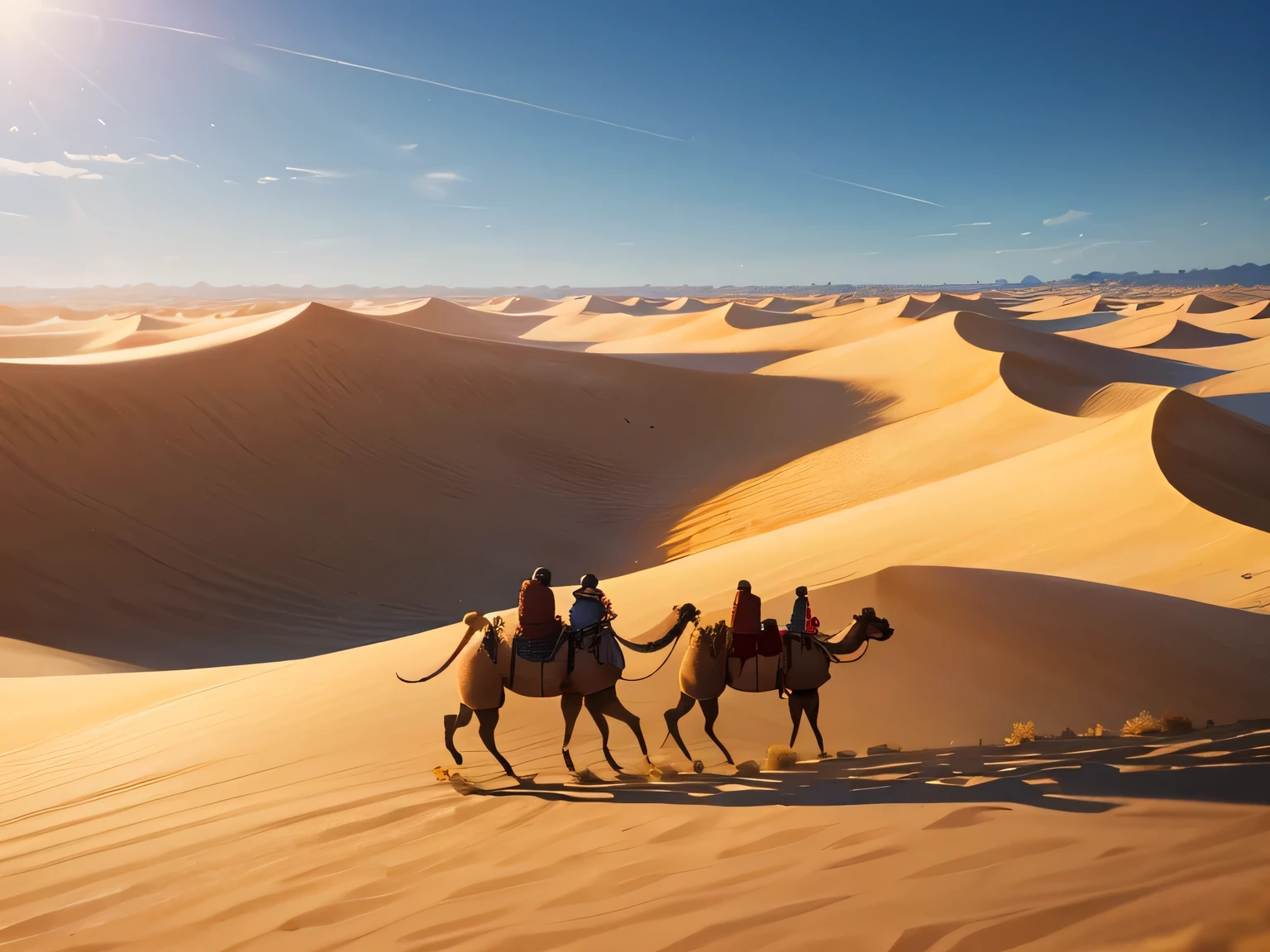 Endless gold sand dunes,在夕阳的照射下发出了Orange,gold,Dark brown light,The sky is full of colorful clouds,White clouds glow with gold and float in the wind,((A long camel caravan in the distance,Walking slowly on the sand dunes)),Desert Wind,It seems to be telling the story of this ancient land.,red,yellow,Orange,brown tones,Decorate the natural landscape with colorful colors,Surreal art,Exquisite details,big scene,medium to long shot,Low viewing angle,Long-range view,Long depth of field,ambient light,rim light,film light,--4:3 --style500 --v5