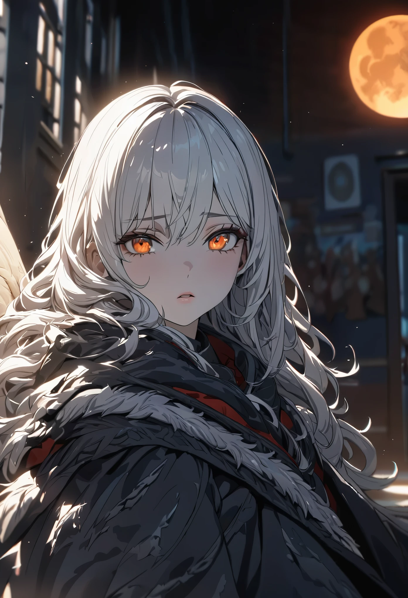 (absurdres, highres, ultra detailed), masterpiece, perfect resolution, great detail, super detailed, detailed face, pale skin, pink dry lips, orange eyes, (black sclera), light eyes, tired looking, tired eyes, white hair, messy hair, unkept hair, long hair, dense hair, mane hair, Berserk eclipse scenery, ((cloak made of shadows)), depth of field, (), cinematic lighting, ray tracing, depth of field, cinematic lighting, ray tracing, UHD, high details, best quality, highres, high quality, award winning, super detail, masterpiece, 8k, UHD, high details, best quality, highres, high quality, award winning, super detail, masterpiece, 8k, digital art, anime coloring