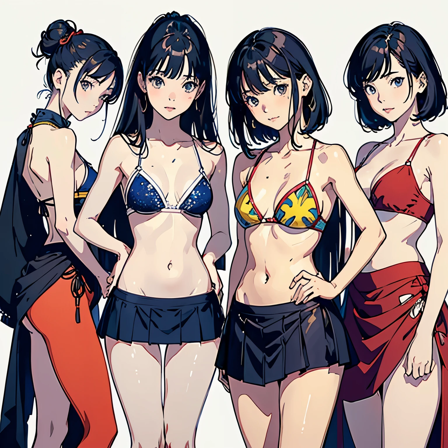 (highest quality, masterpiece, High resolution)、(anime art)、 (reality)、beautiful japanese woman、(two women)、18-year-old、(put your hands on your hips)、(Detailed depiction of a beautiful face)、smile gently、small breasts、slim body shape、medium short hair、semi-long、bun hair、Wet see-through bikini、(A pareo skirt with bold ethnic patterns and plenty of primary colors)、realistic skin、Wet、full body、No zoom、No close-ups、cinematic light、shadow、((blank background))、((white background))、