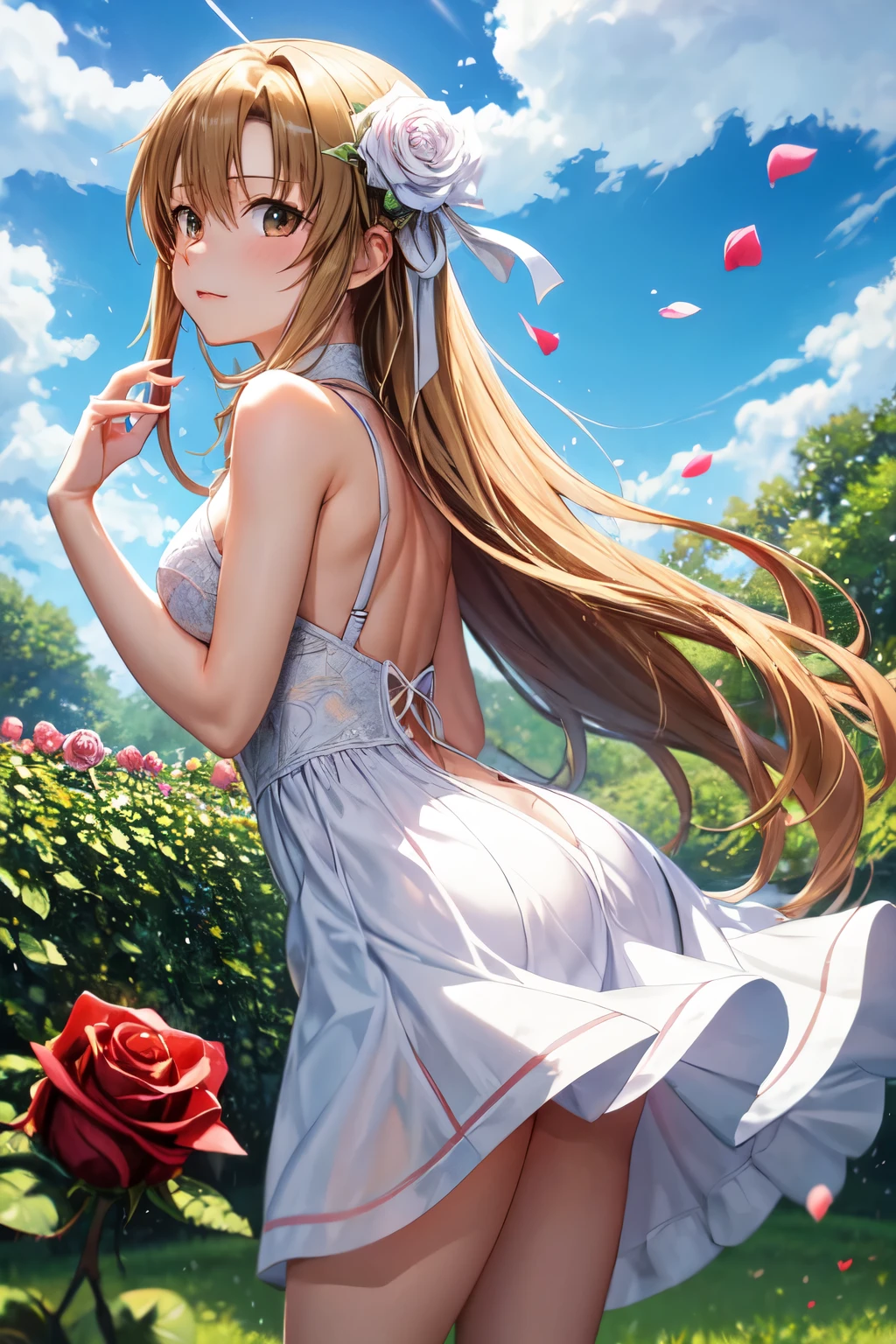 Asuna Yukki from Sword Art Online in a White Dress and in a Rose Garden with Rose Petals in the Wind