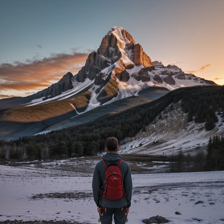 A person standing in front of a mountain ready to climb it at sunset