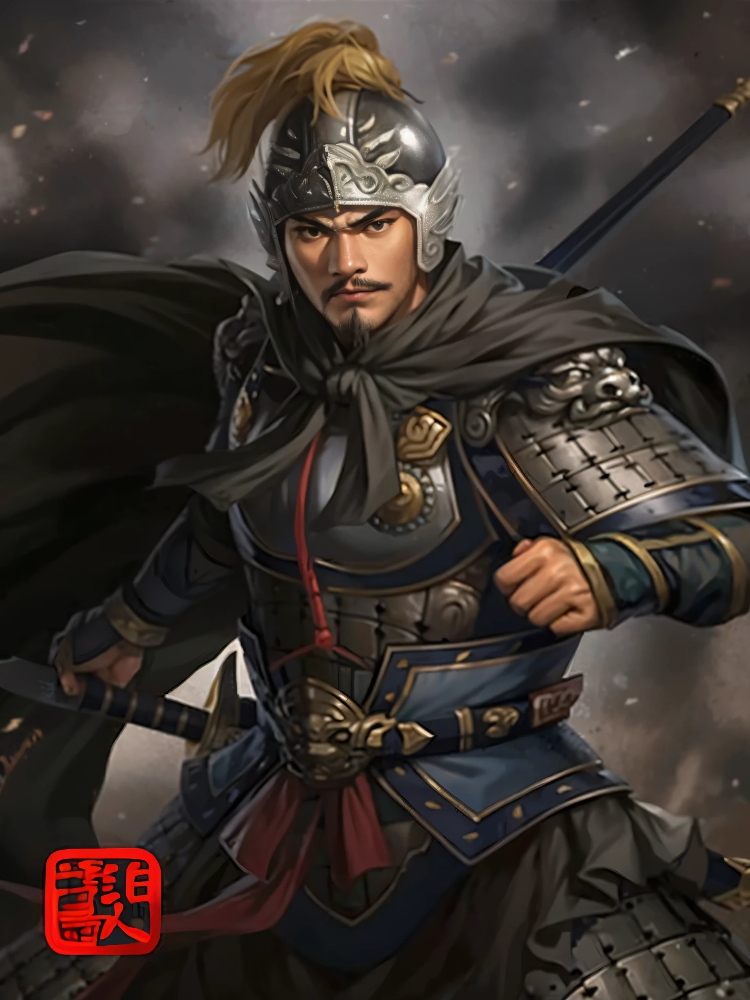 a close up of a person in armor holding a sword, zhao yun, inspired by Wu Zuoren, Inspired by Li Rongjin, Inspired by Hu Zaobin, Inspired by Cao Zhibai, inspired by Zhichao Cai, Authentic, Inspired by Wu Bin, Mongol, Inspired by Zhao Yuan, Inspired by Guo Chun